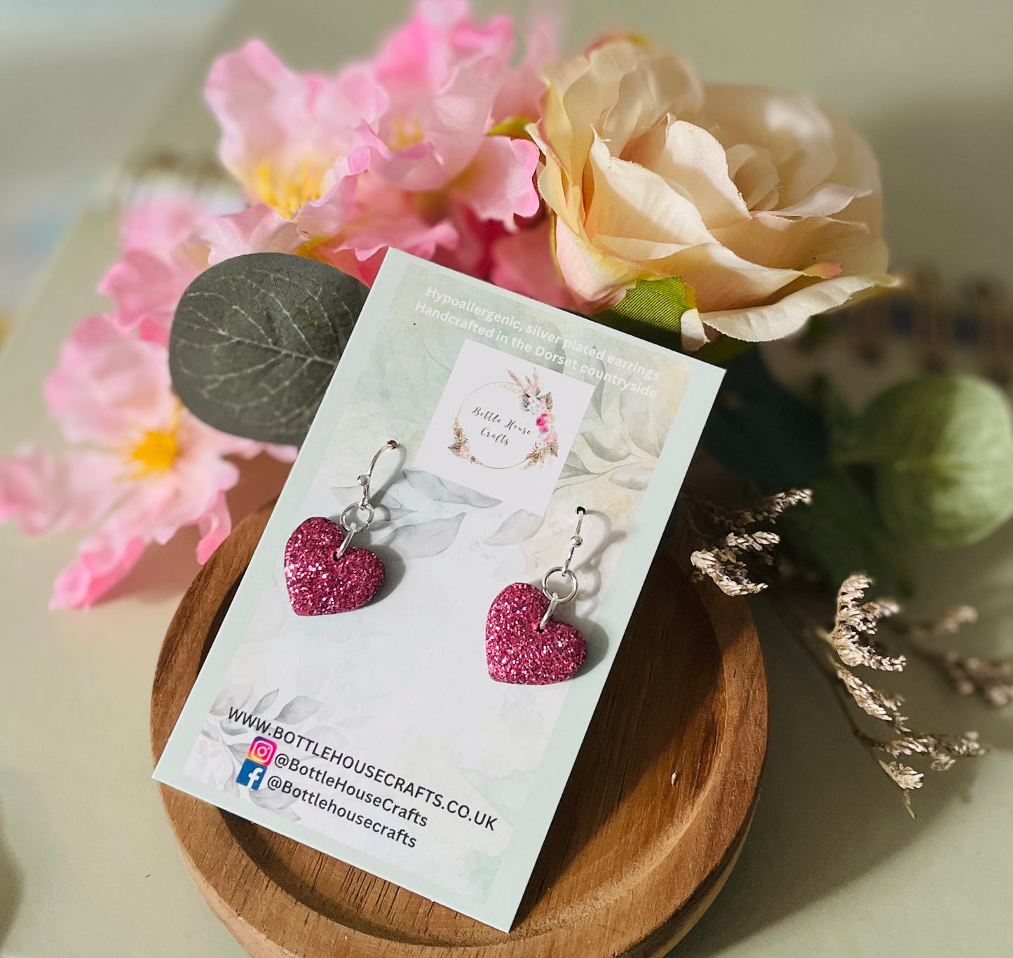Pink glitter heart dangles