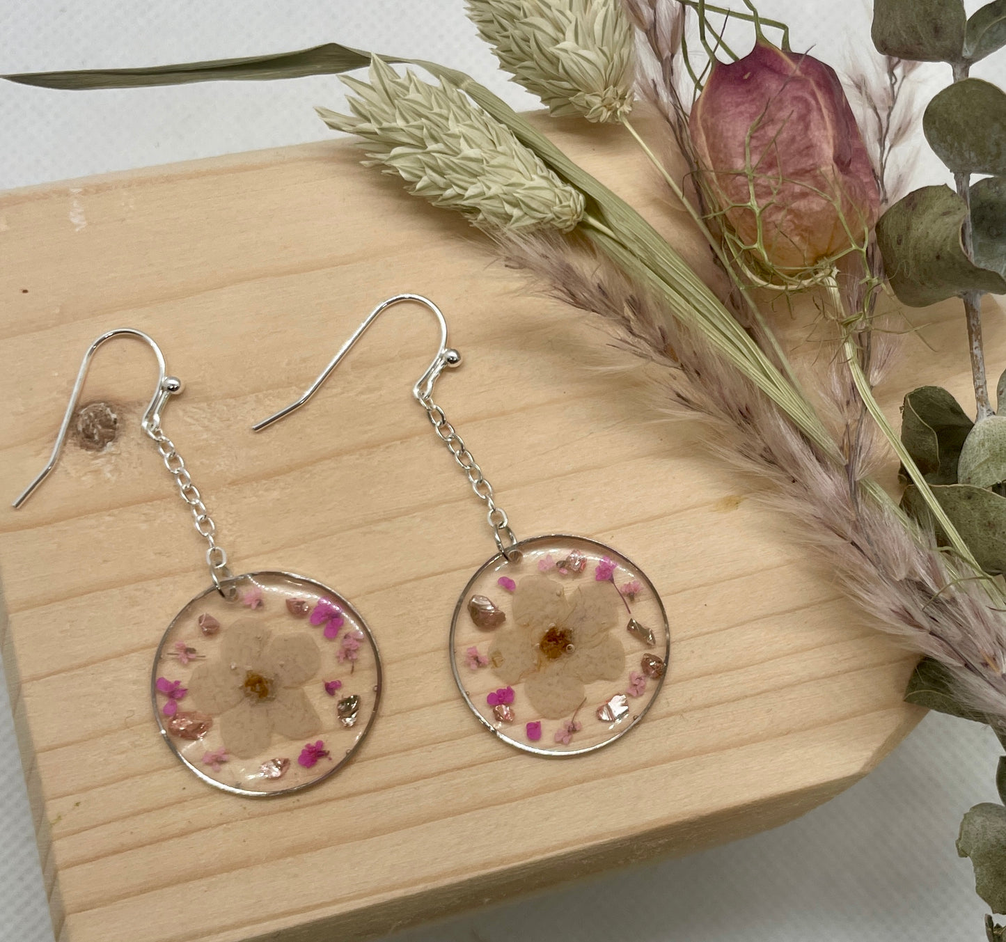 Pink cream floral resin drop earrings