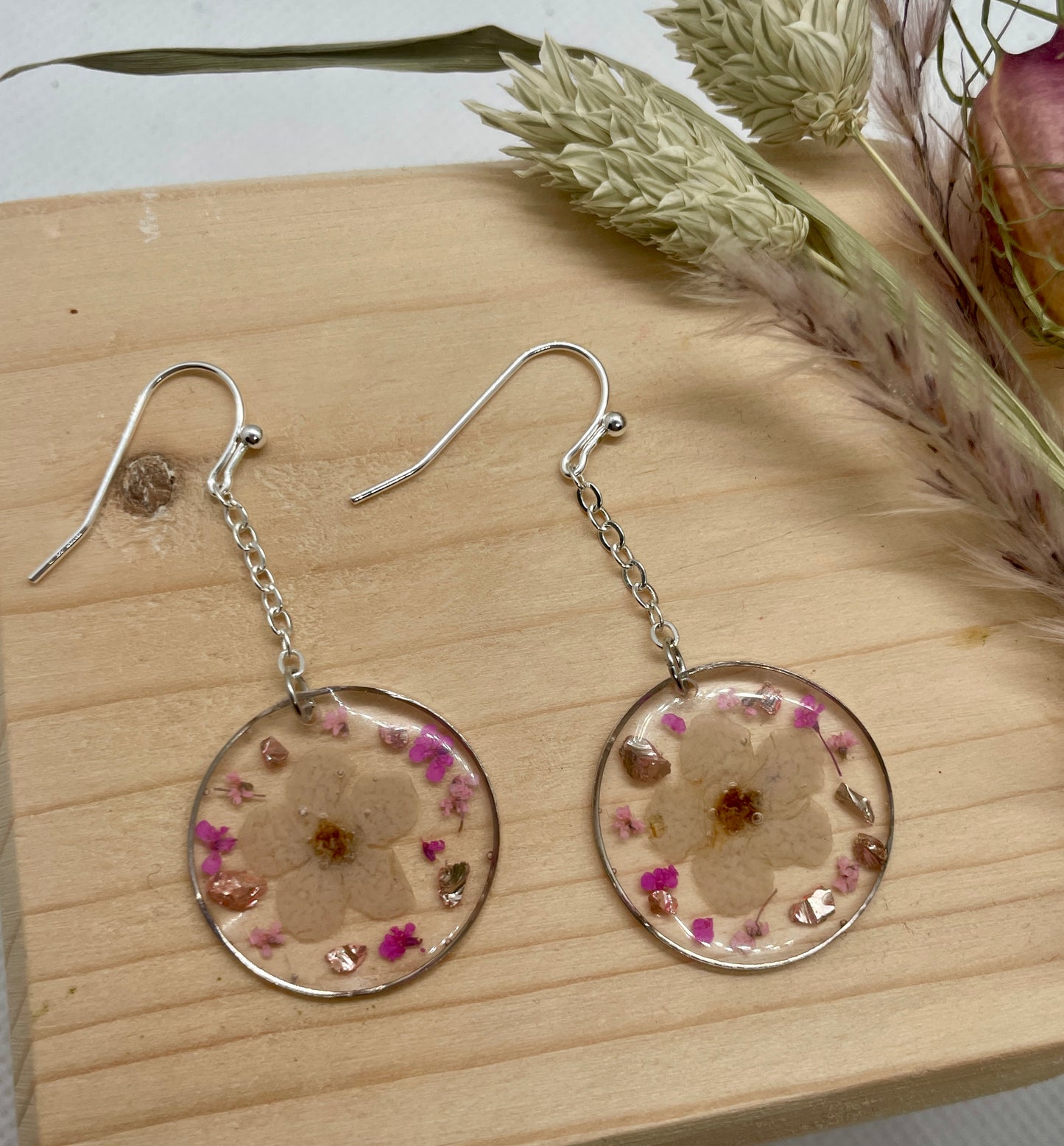 Pink cream floral resin drop earrings