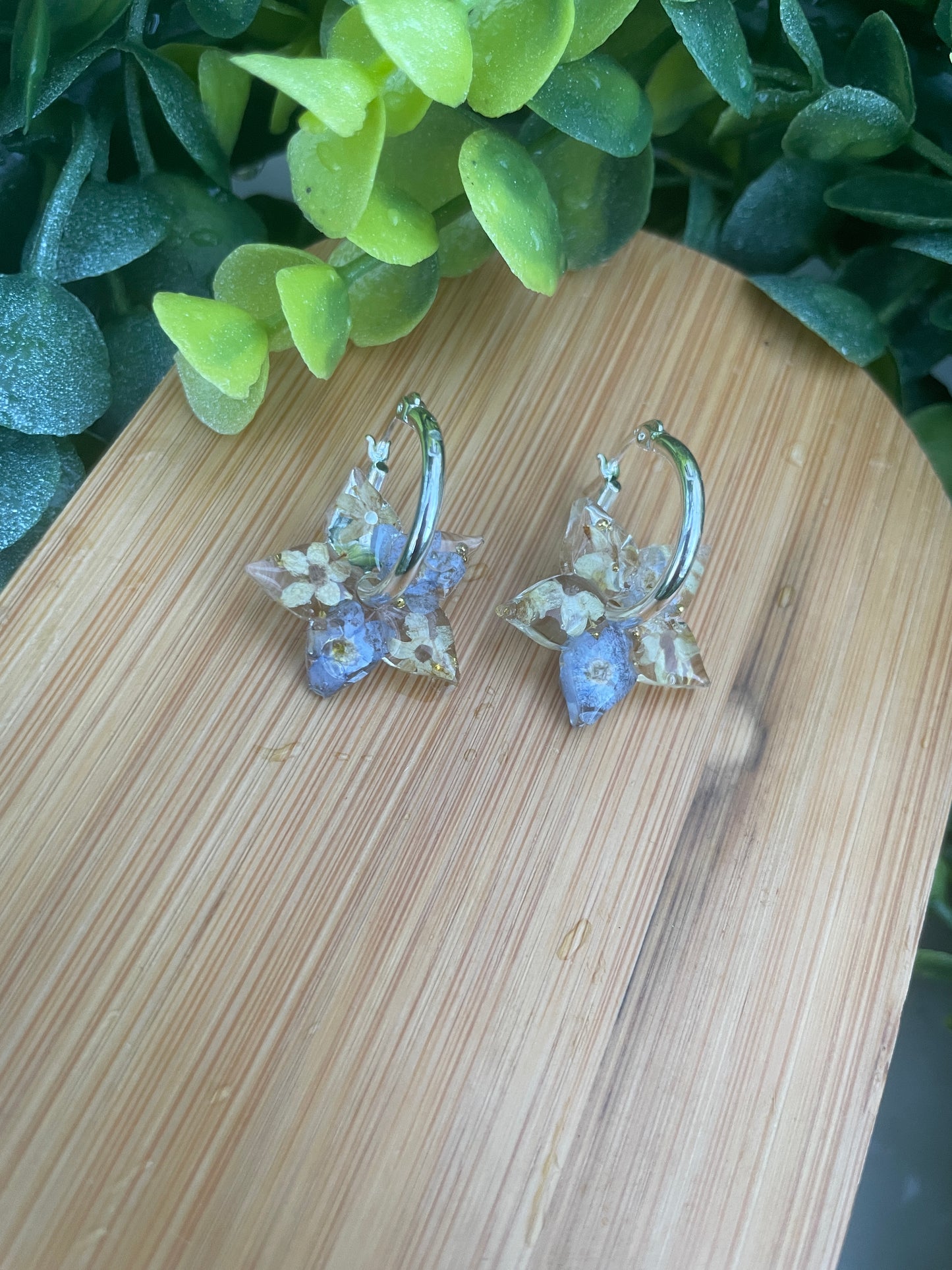 Cream and blue star hoop earrings