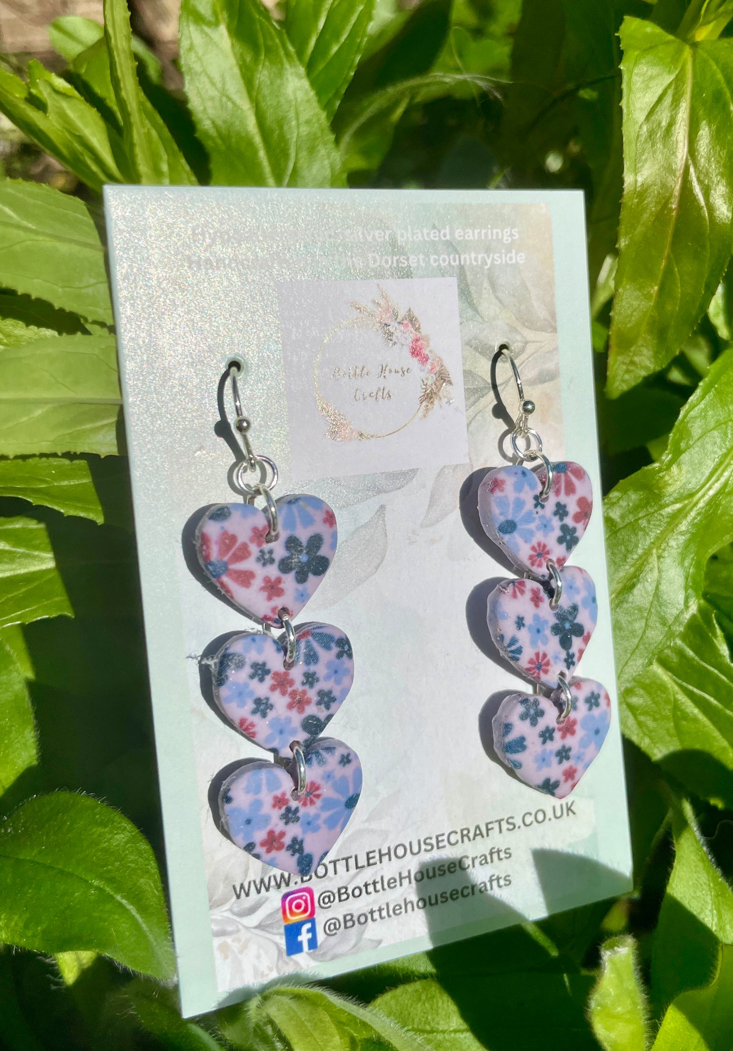 Triple drop floral print heart earrings