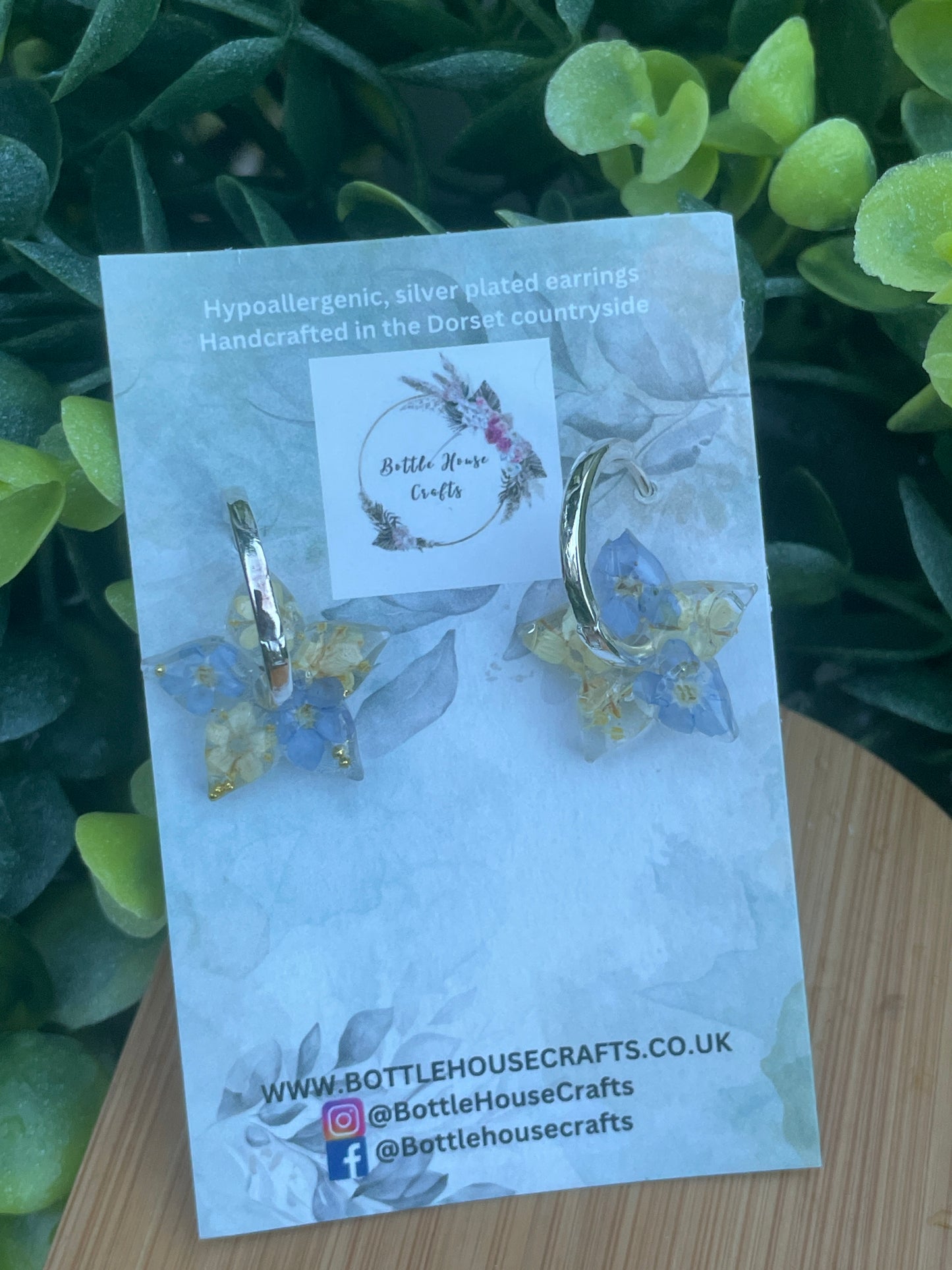 Cream and blue star hoop earrings