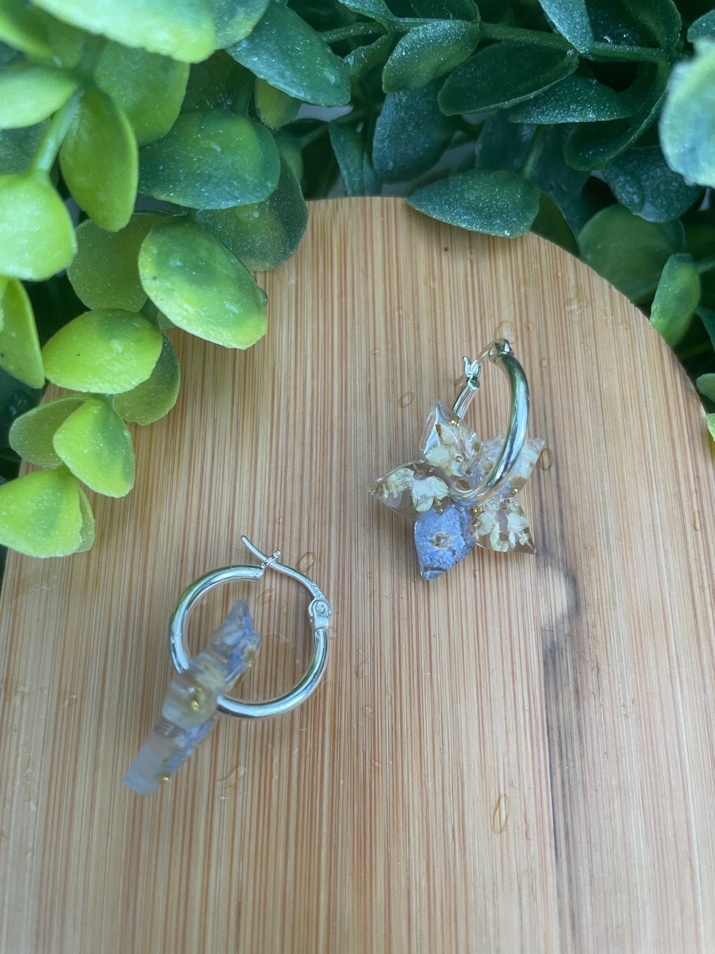 Cream and blue star hoop earrings
