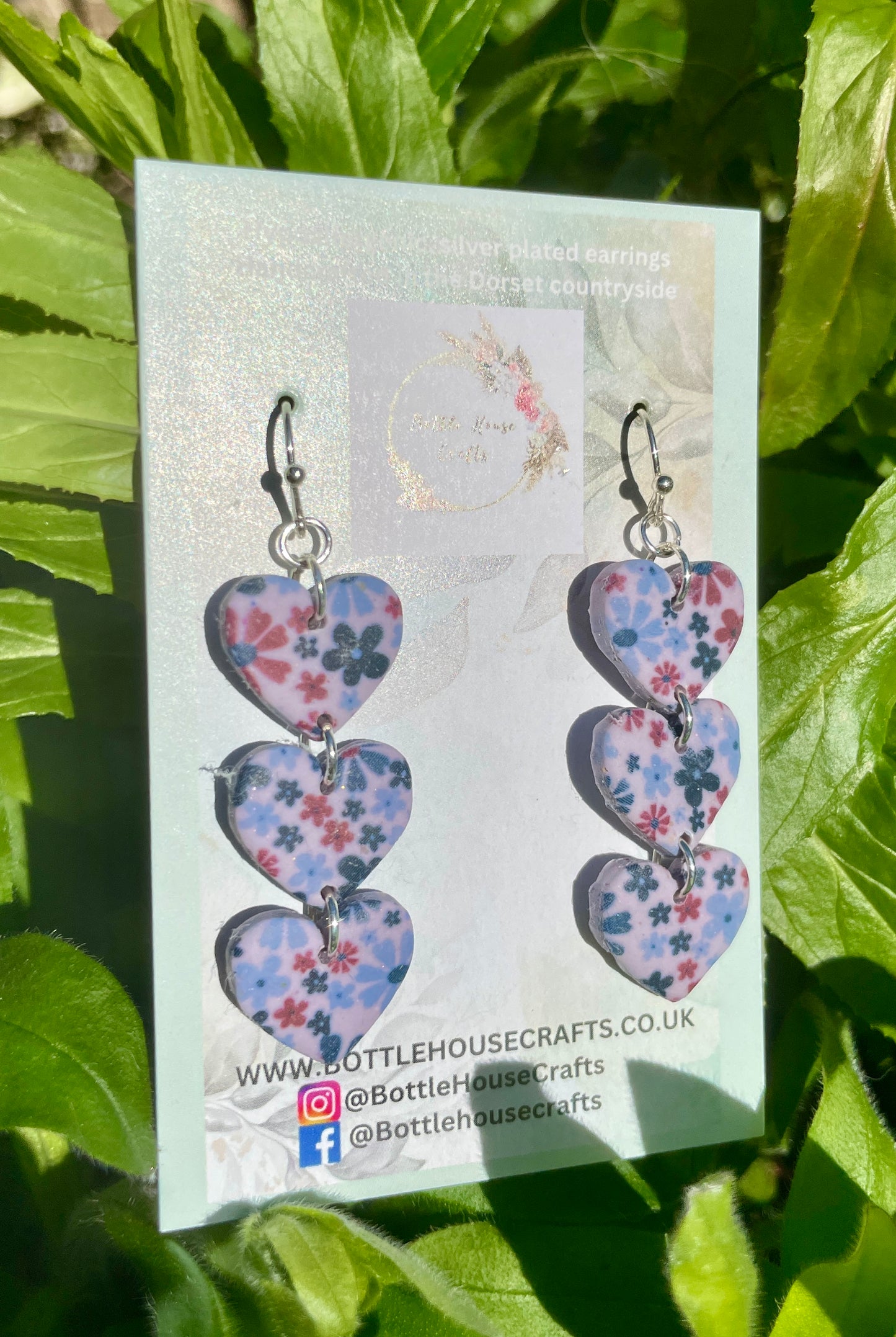 Triple drop floral print heart earrings