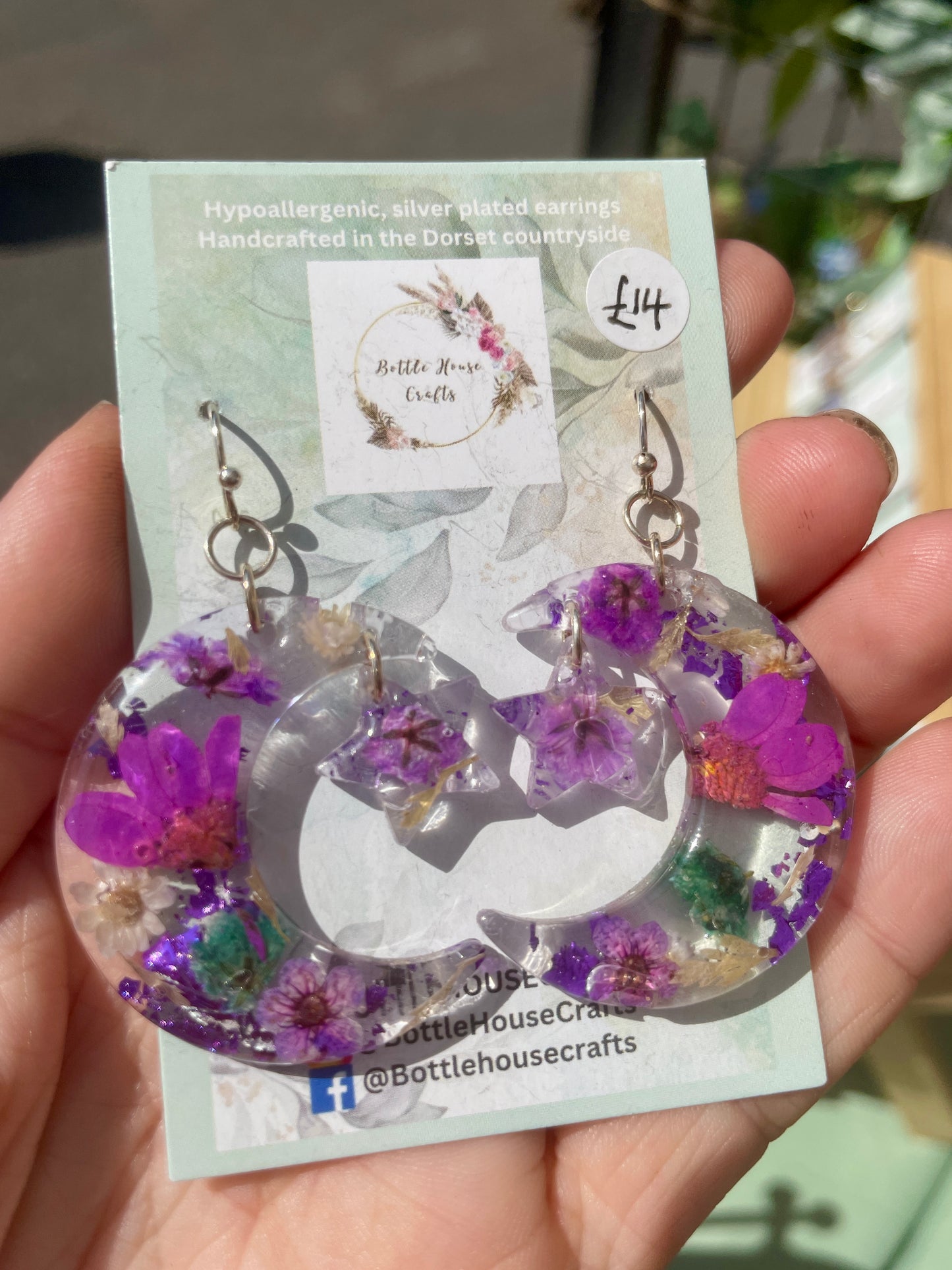 Large moon and star floral earrings