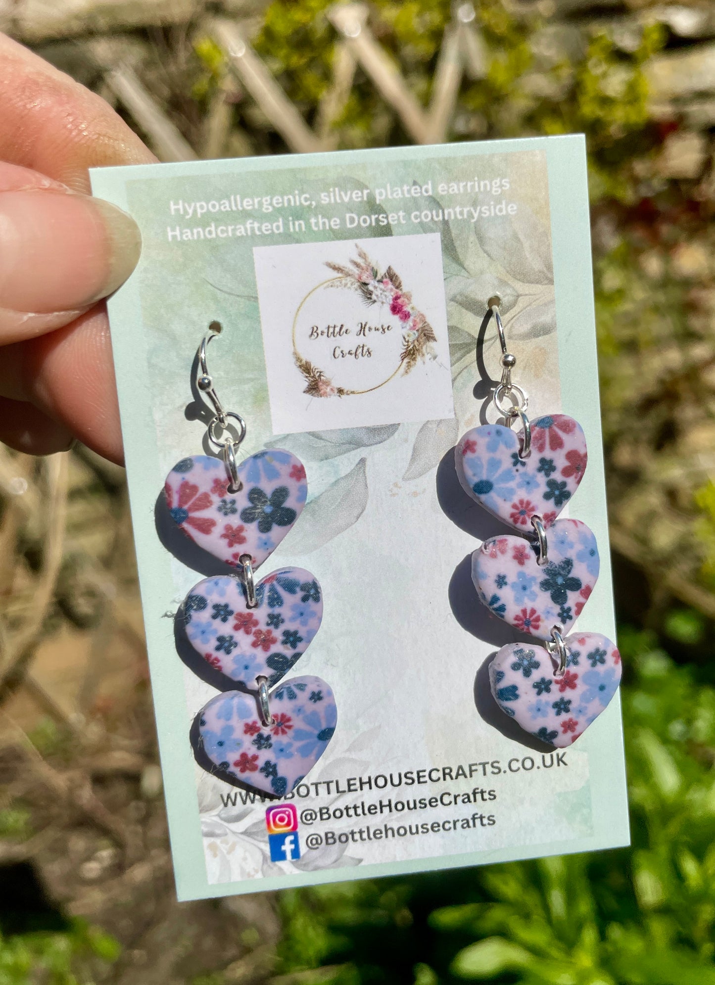 Triple drop floral print heart earrings