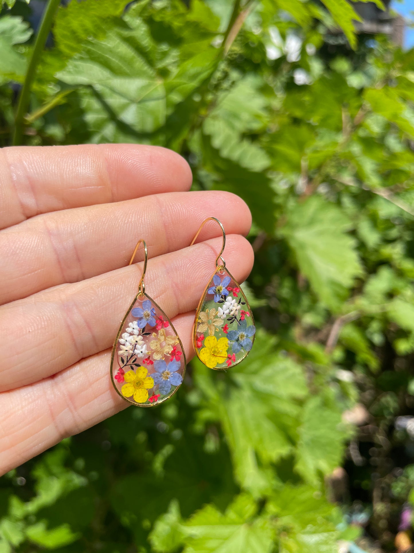 Yellow accent multi floral tear drop earrings