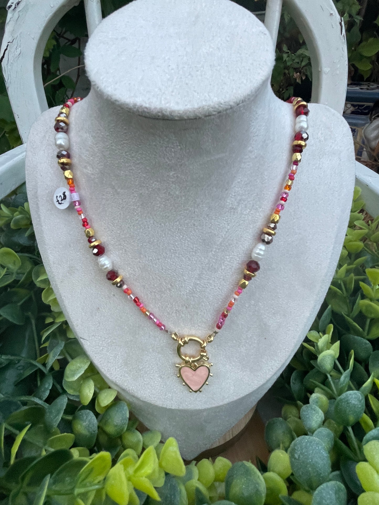 Pink and burgundy tone beaded heart necklace