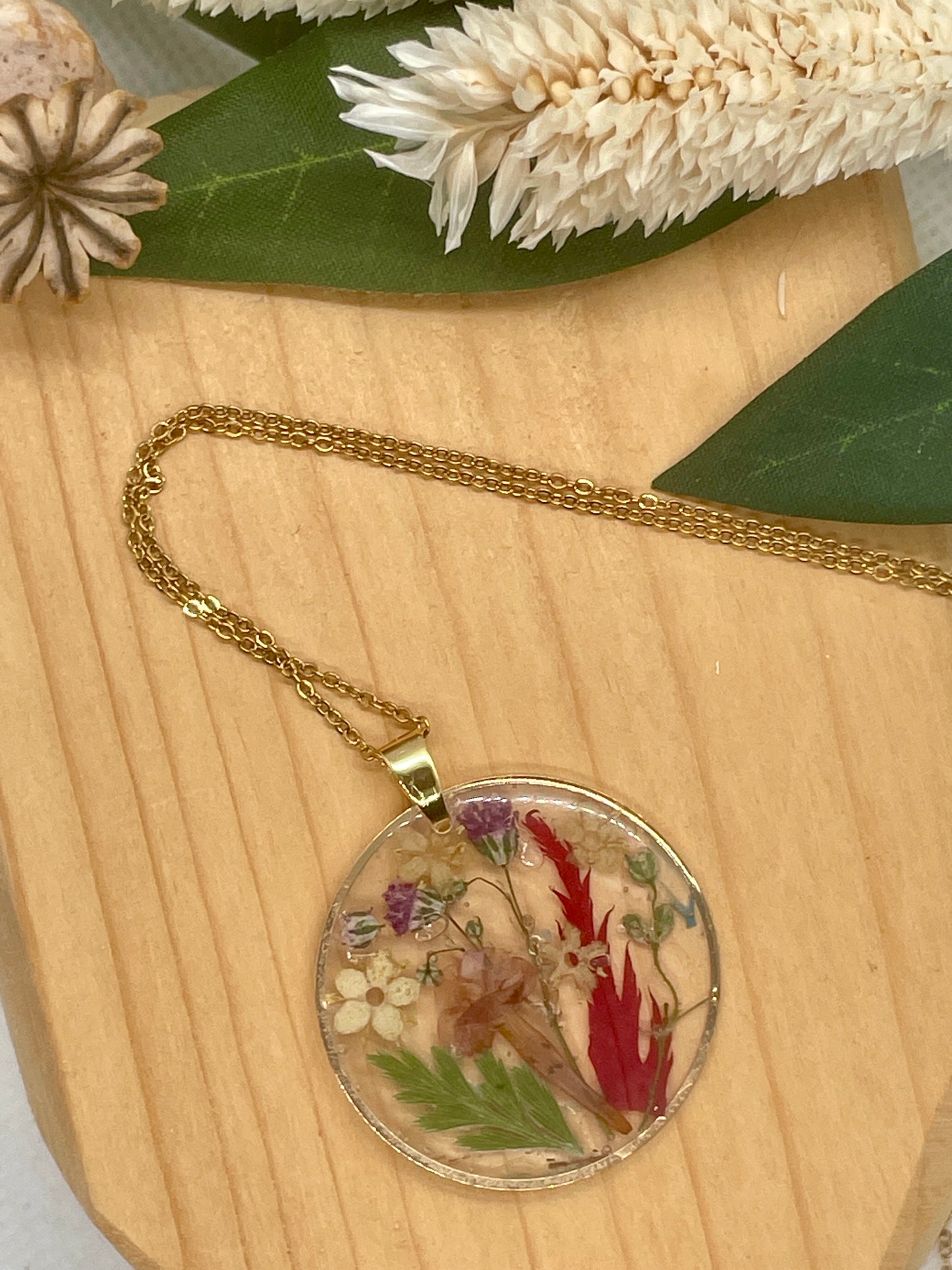 Larger circle autumn garden snapshot necklace