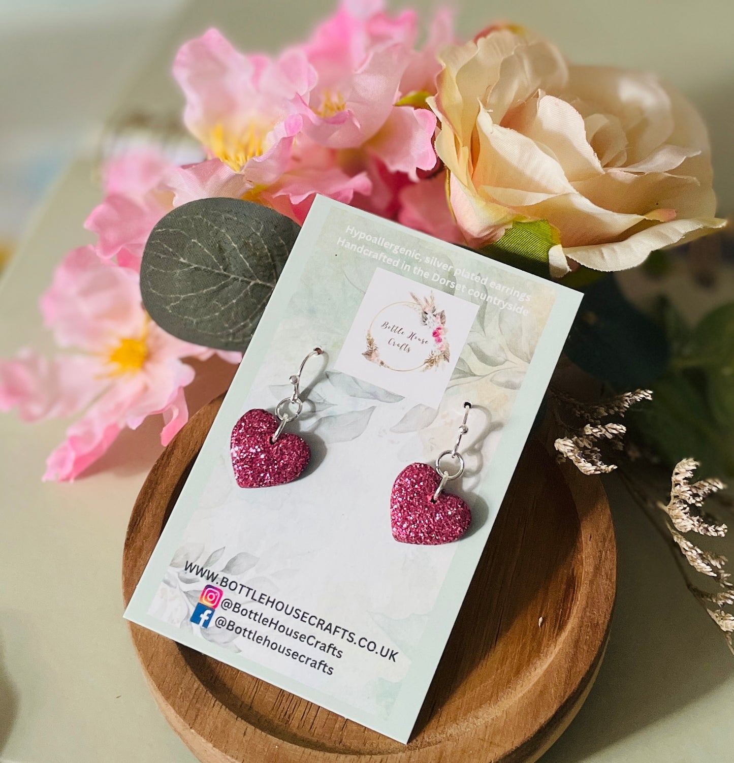 Pink glitter heart dangles