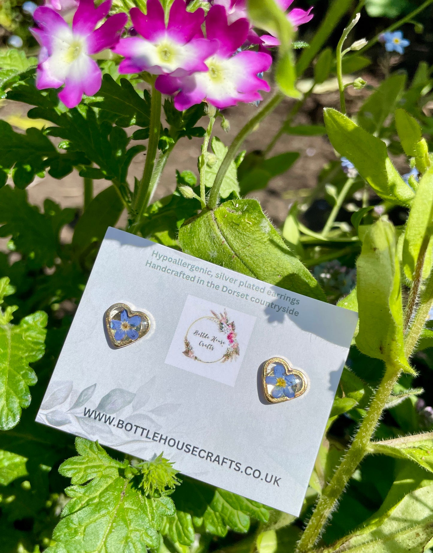 Tiny gold heart forget me not studs