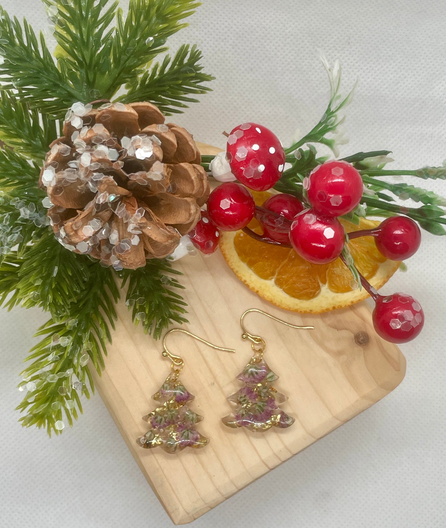 Gold and purple Christmas tree earrings