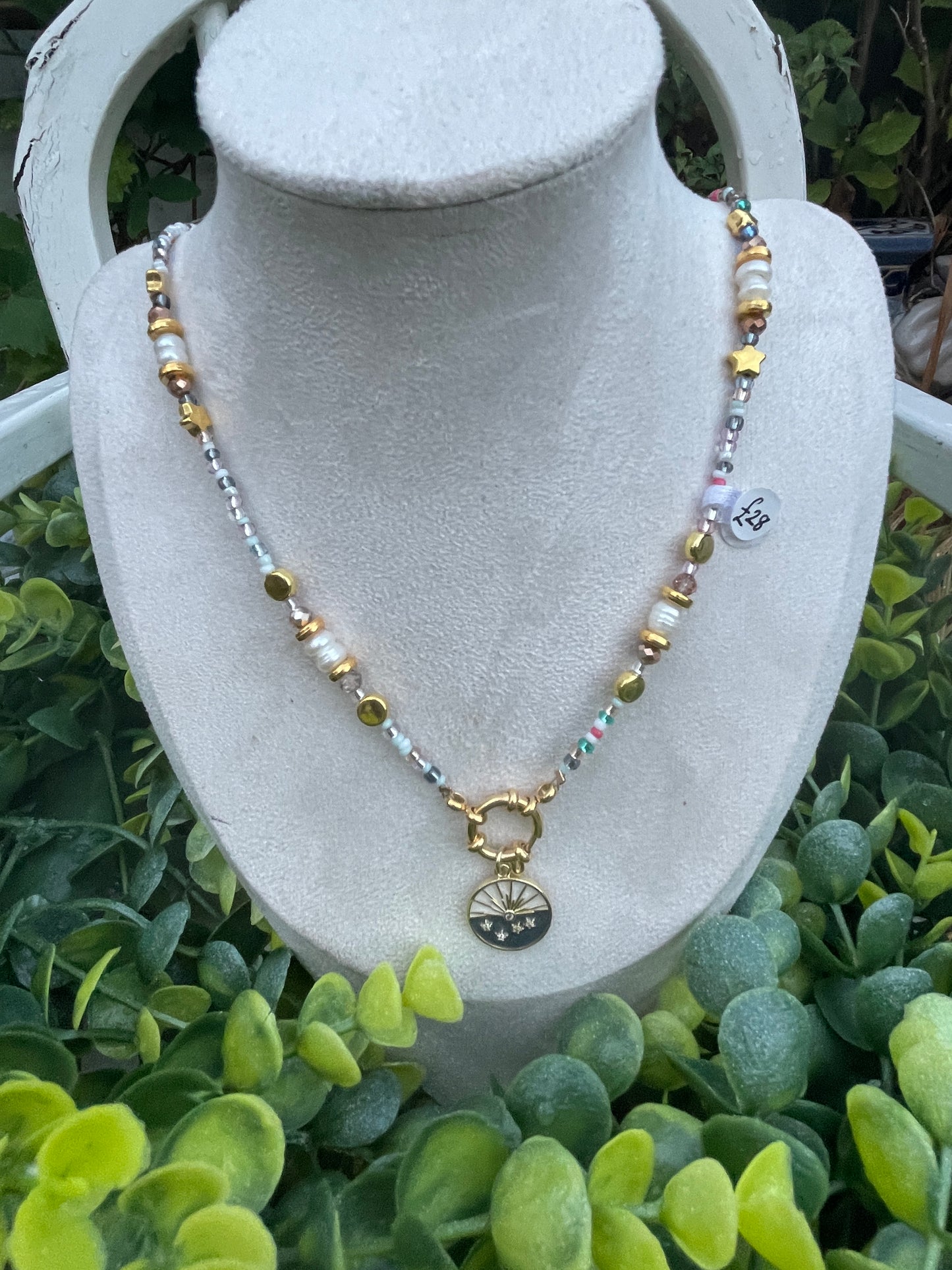 Gold and greens celestial charm beaded necklace