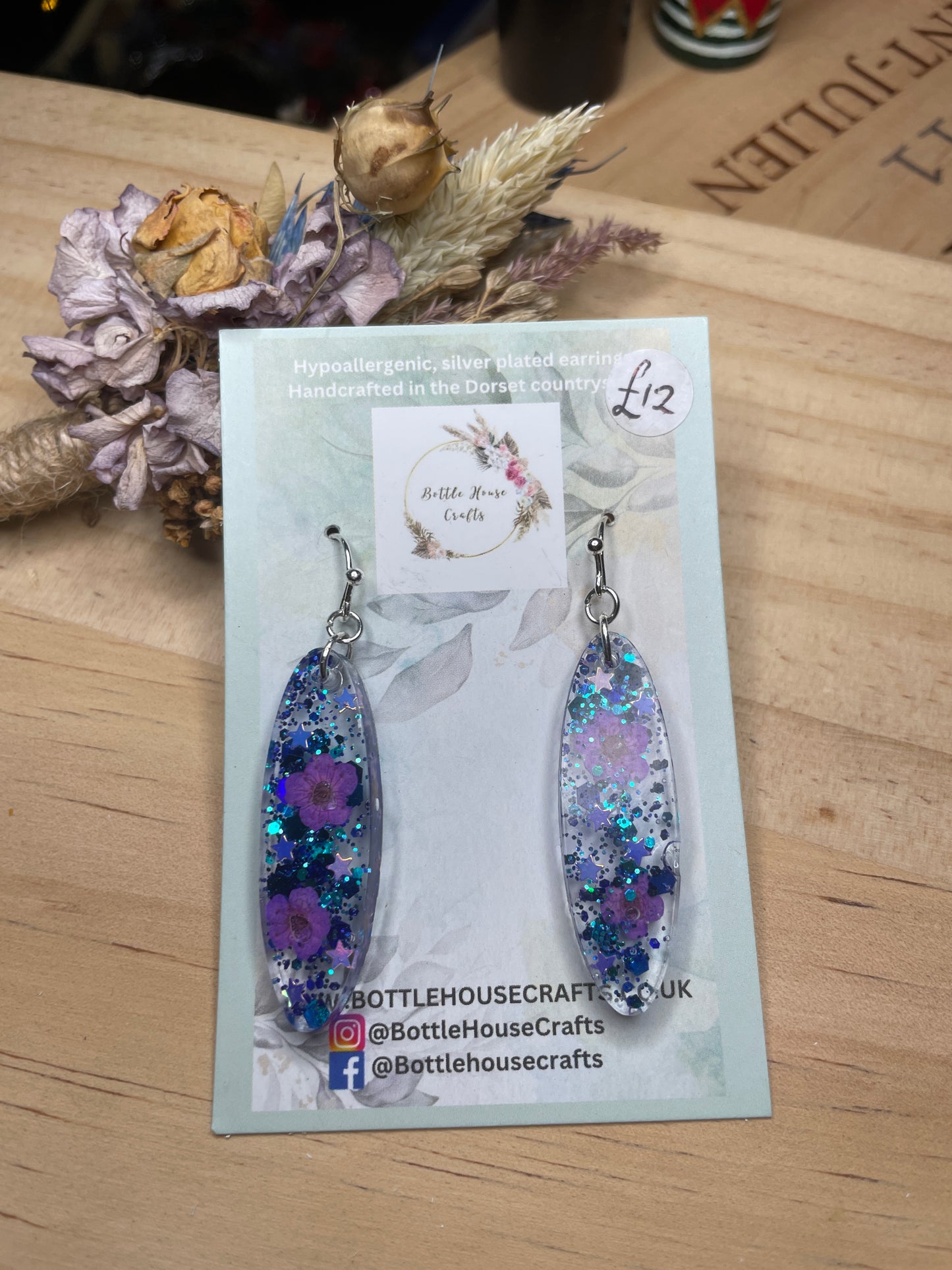 Purple and blue resin earrings