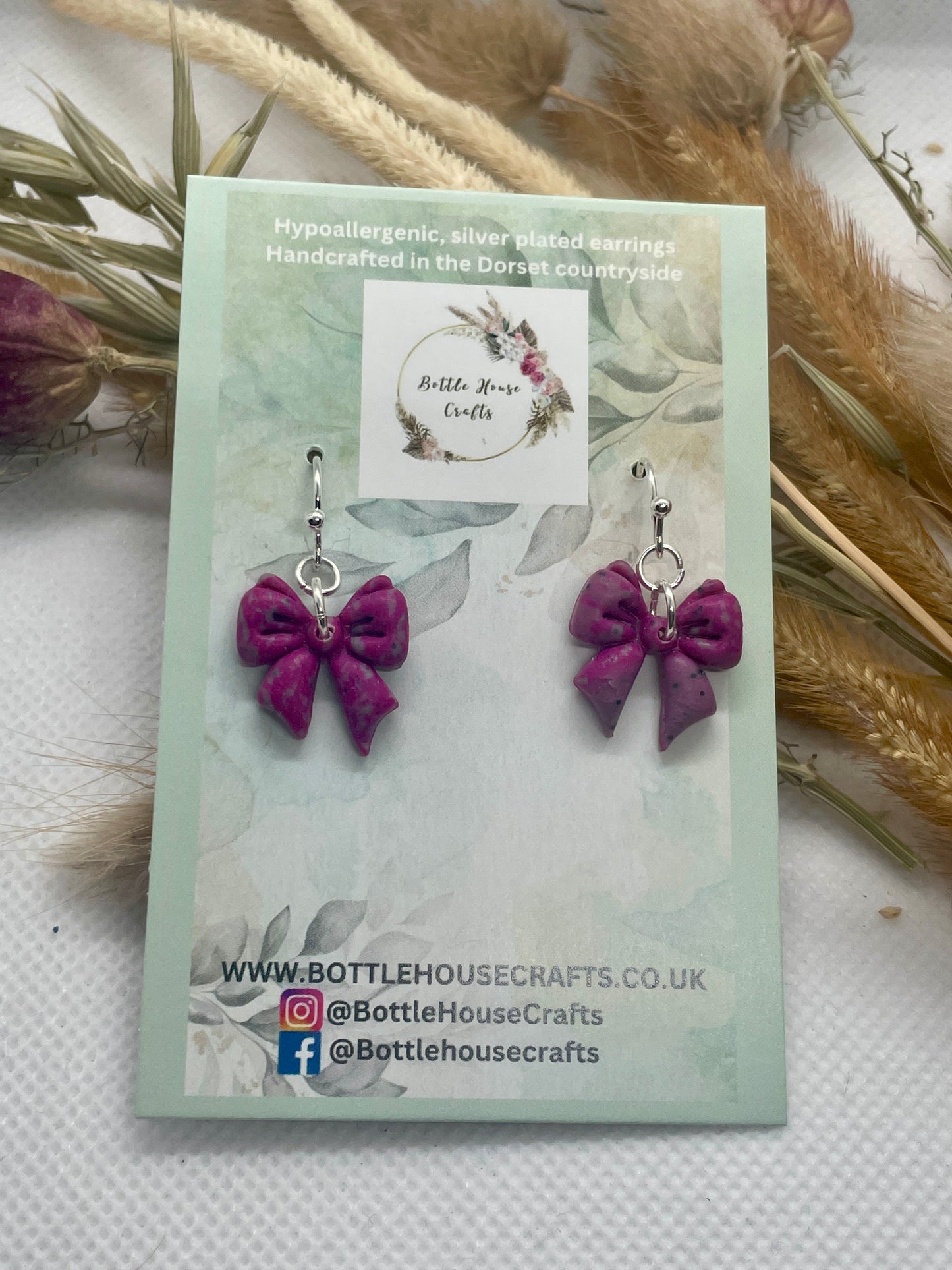 Pink and Sage winter bow earrings