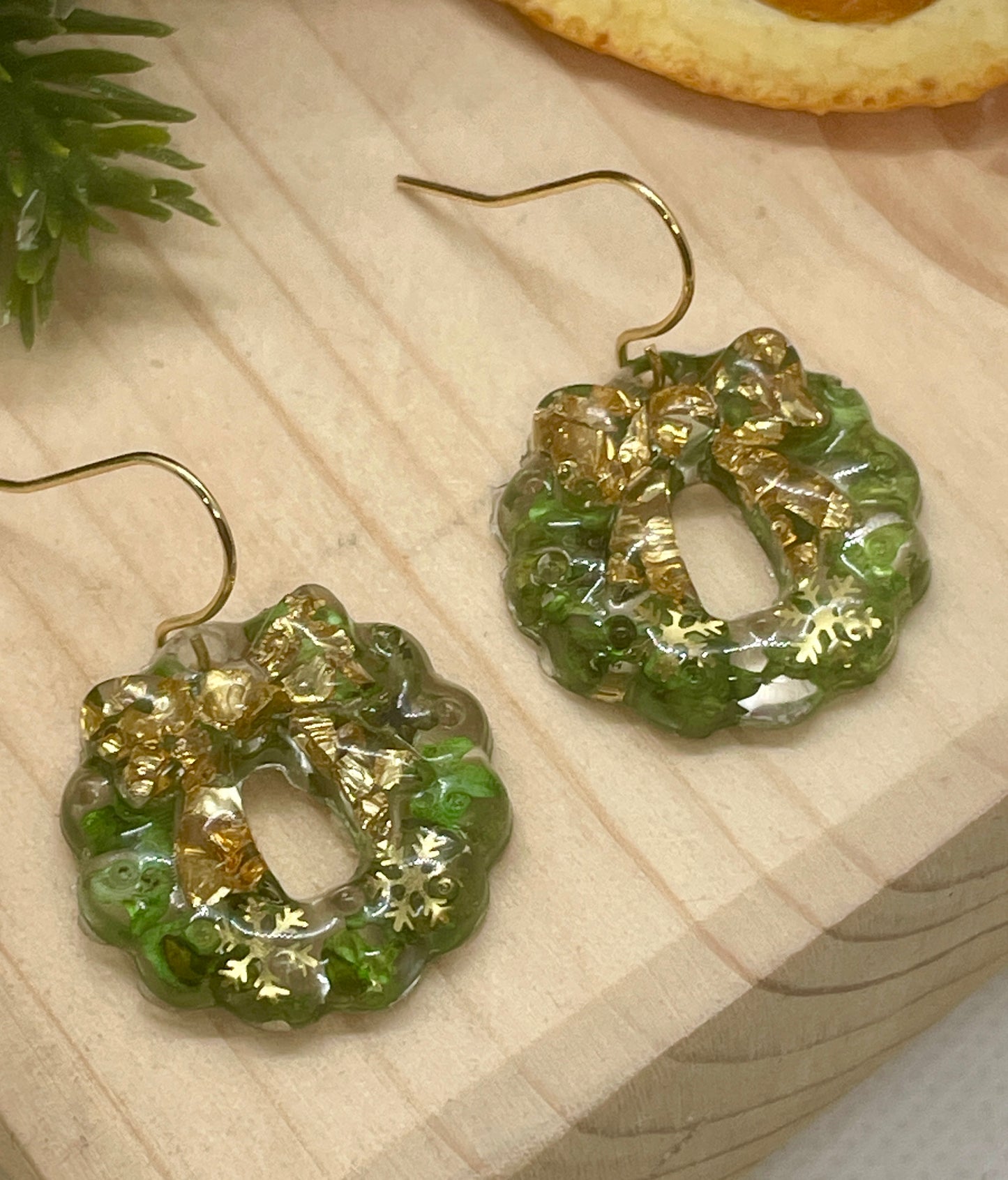 Gold and green Christmas wreath earrings