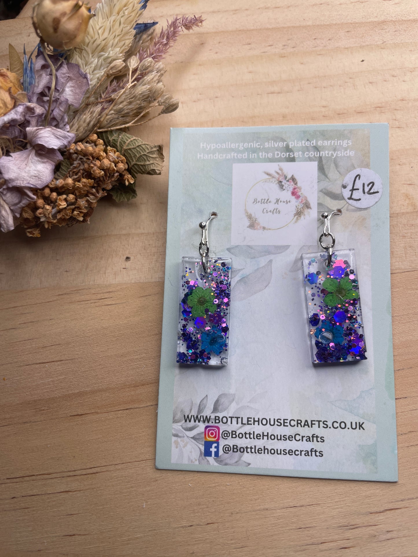 Green, blue, purple resin earrings