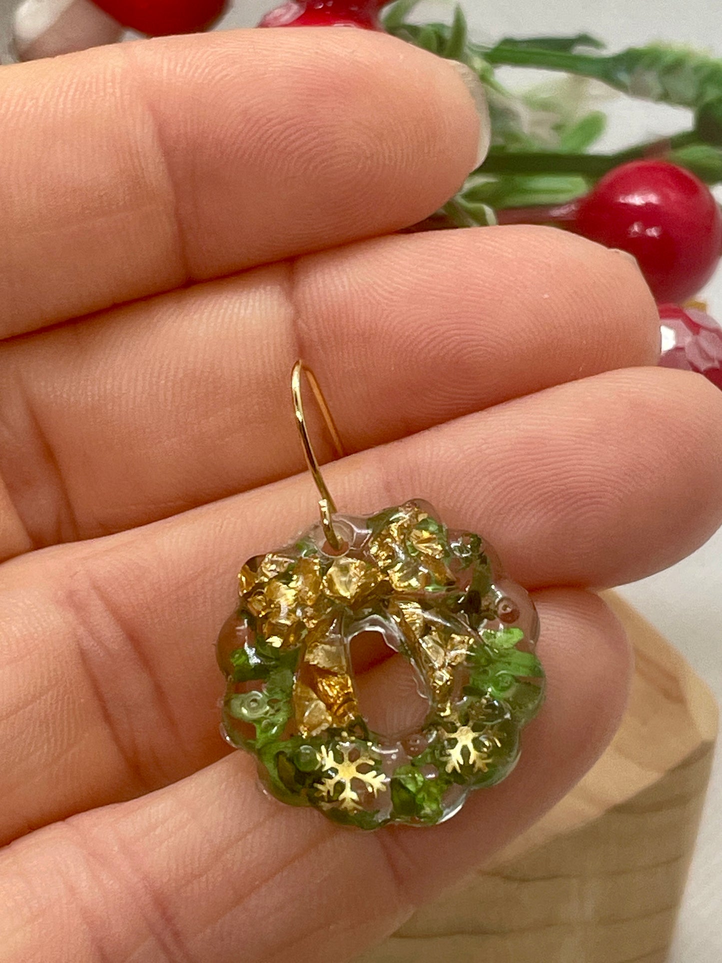 Gold and green Christmas wreath earrings