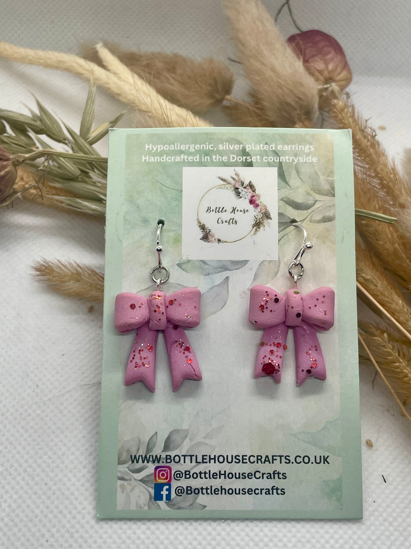 Pink Red Sparkle Winter Bow Earrings