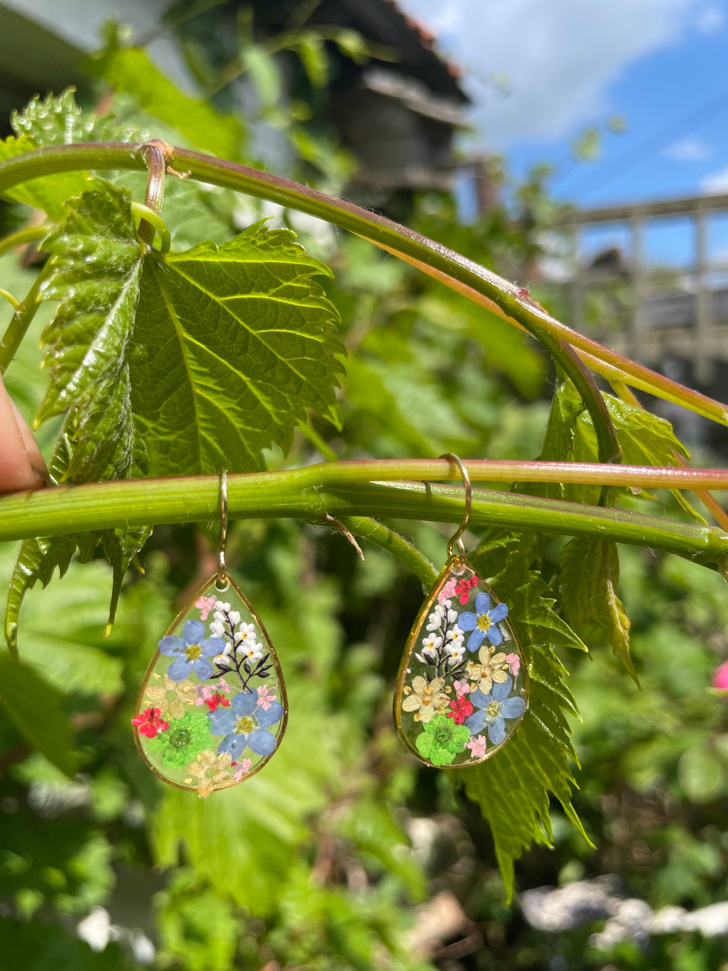 Green accent multi floral tear drop earrings