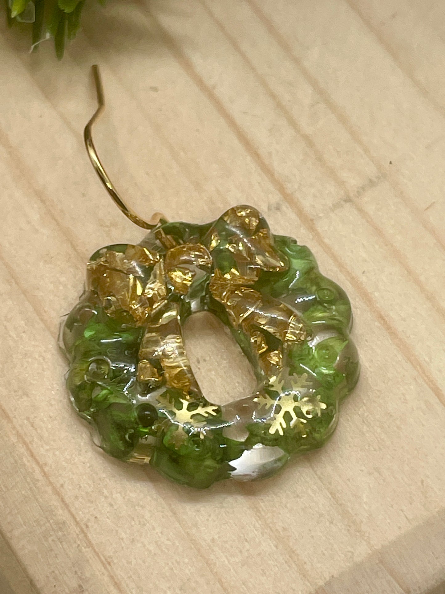 Gold and green Christmas wreath earrings