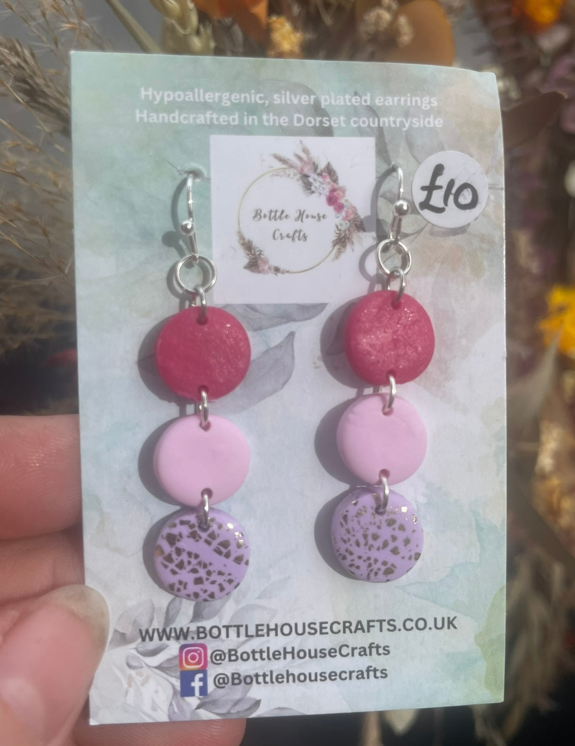 Pink and Lilac button drop earrings