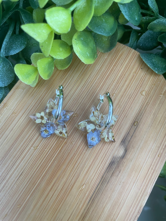 Cream and blue star hoop earrings