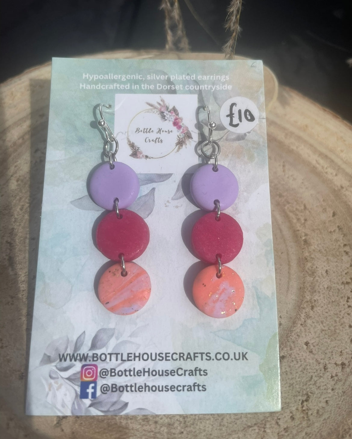 Lilac, pink and coral button drop earrings