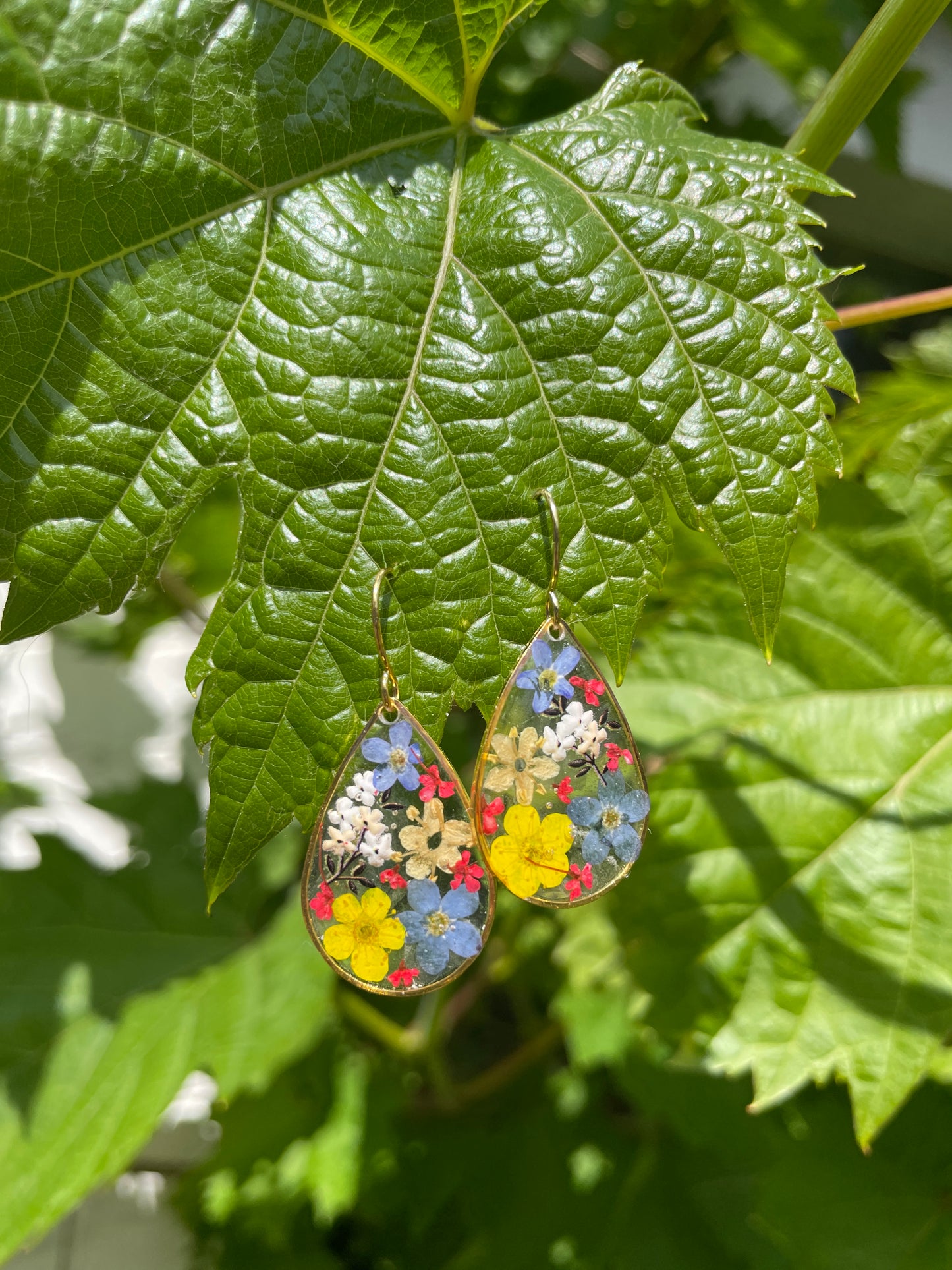 Yellow accent multi floral tear drop earrings