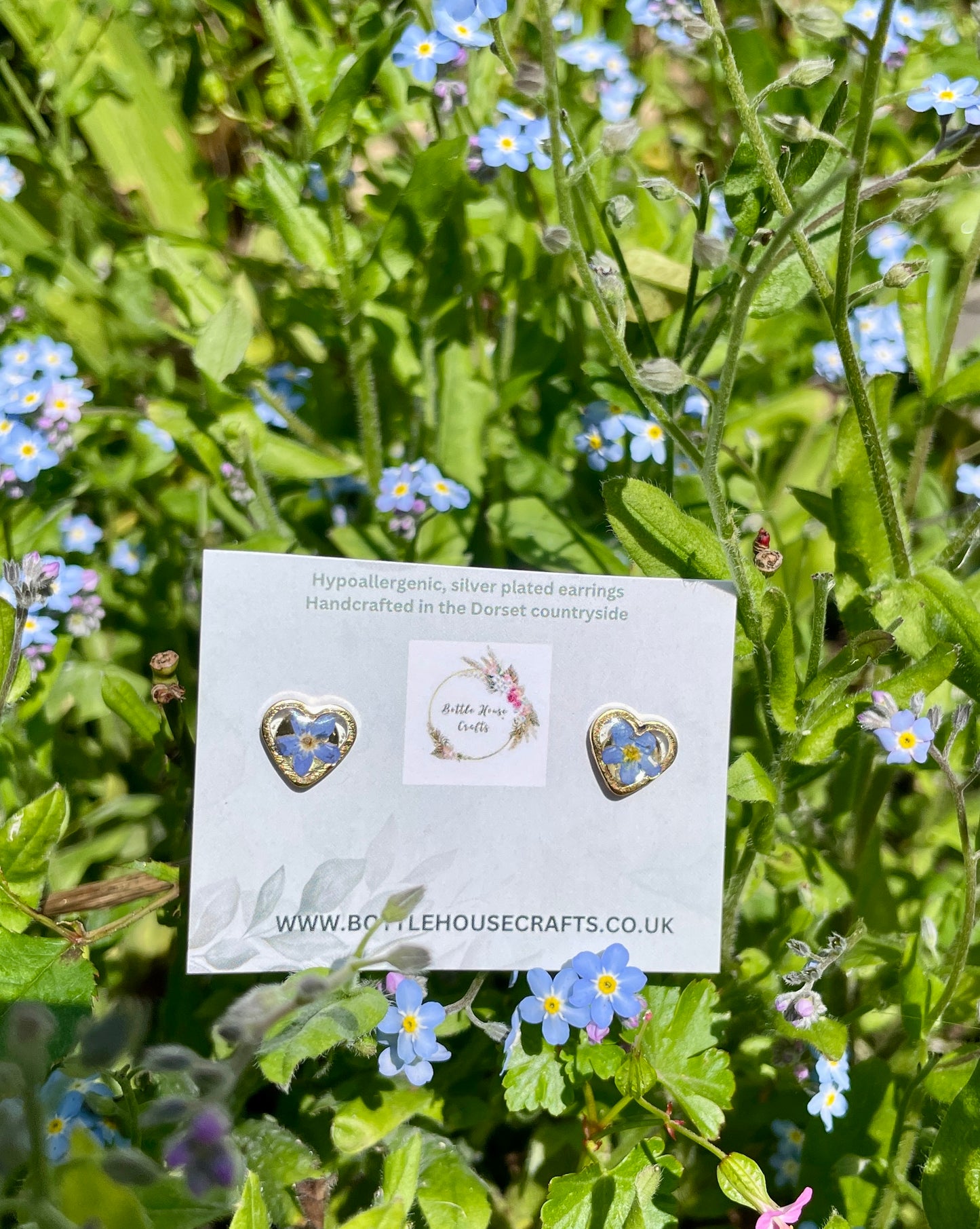 Tiny gold heart forget me not studs