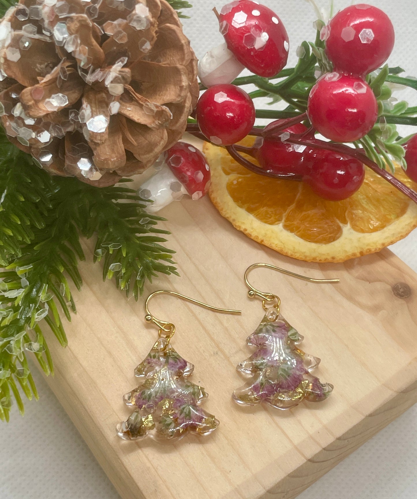 Gold and purple Christmas tree earrings