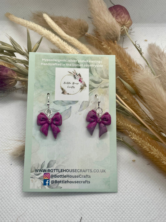 Pink and Sage winter bow earrings