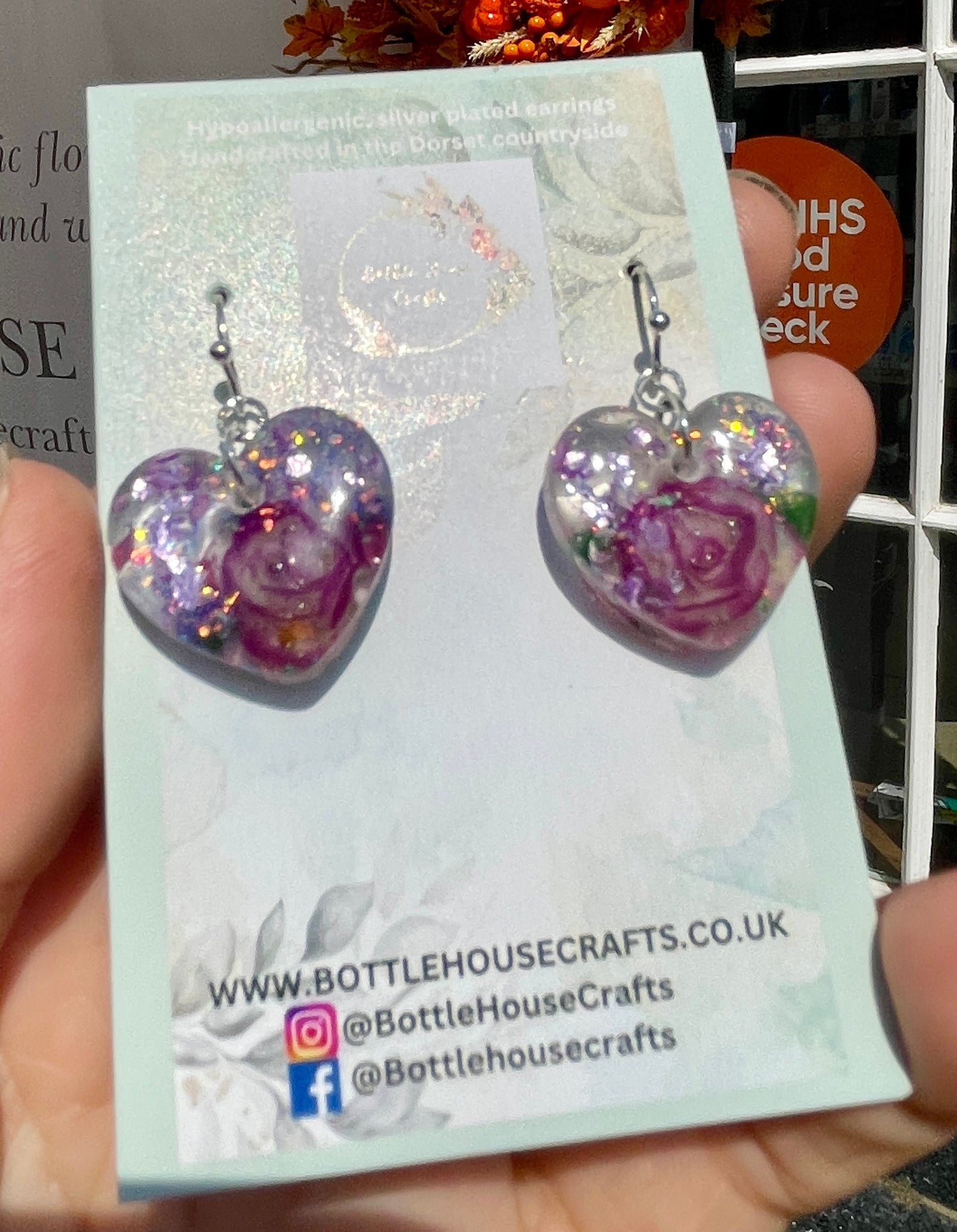 Miniature rose lilac heart earrings