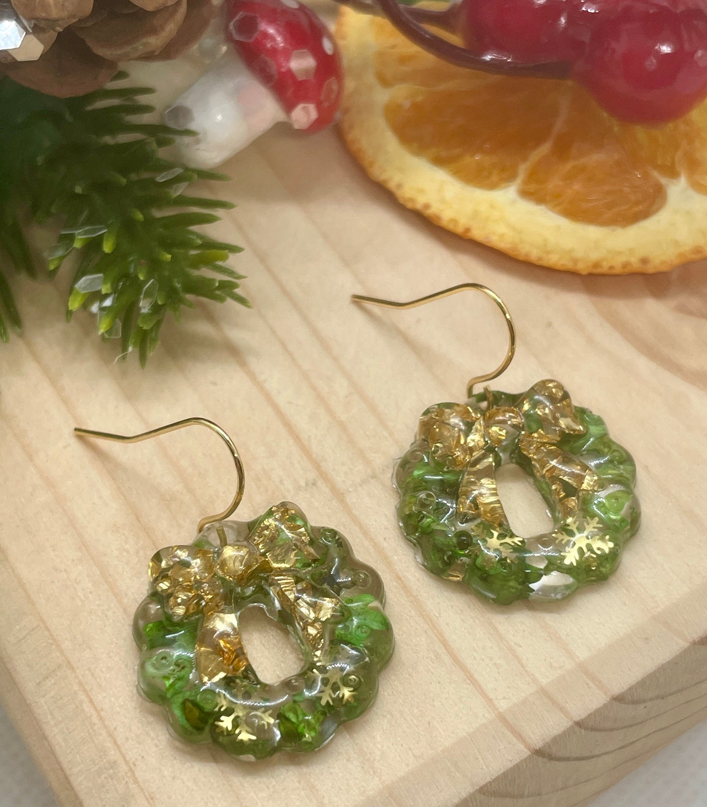 Gold and green Christmas wreath earrings