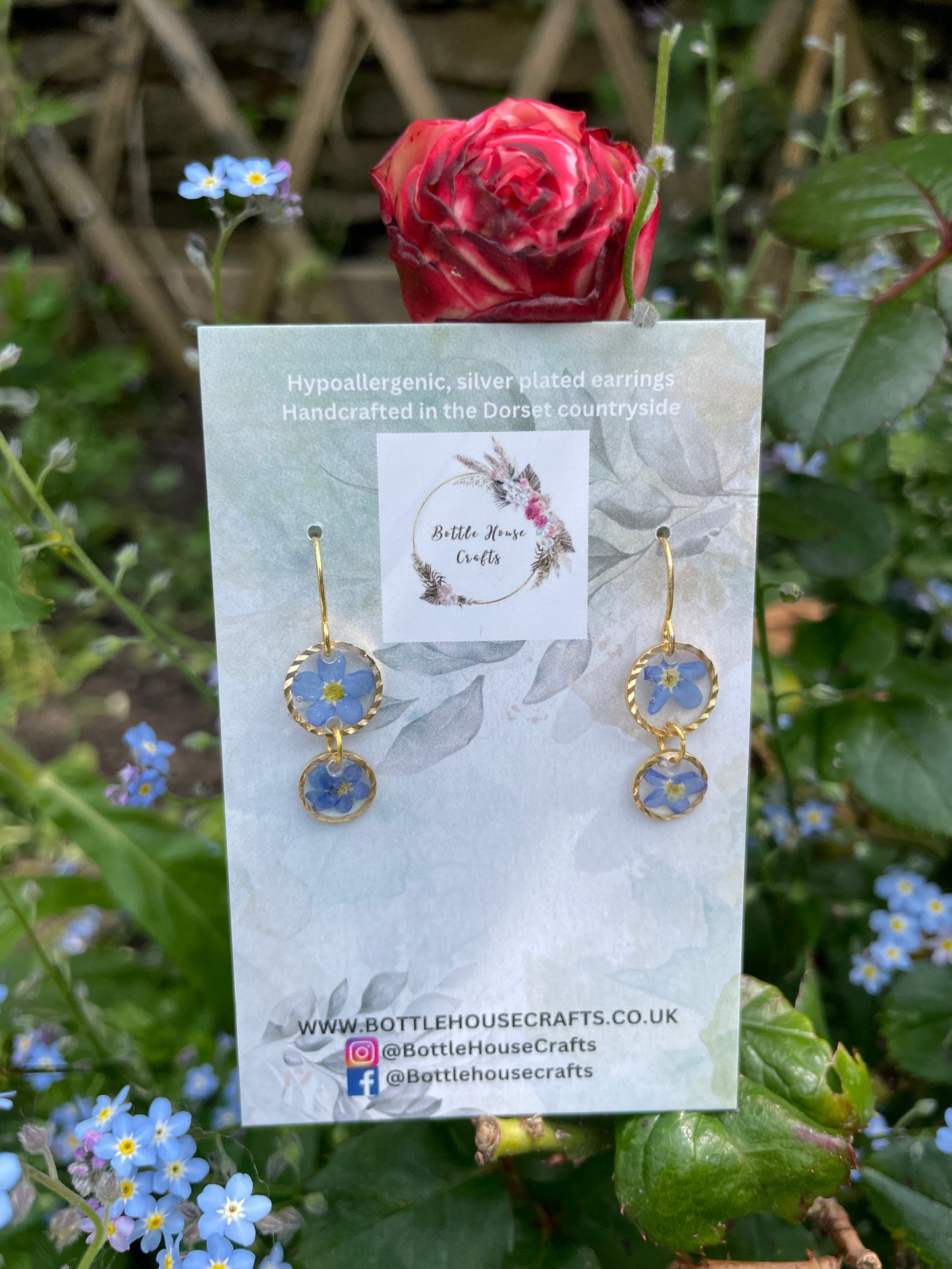 Forget me not double drop gold earrings
