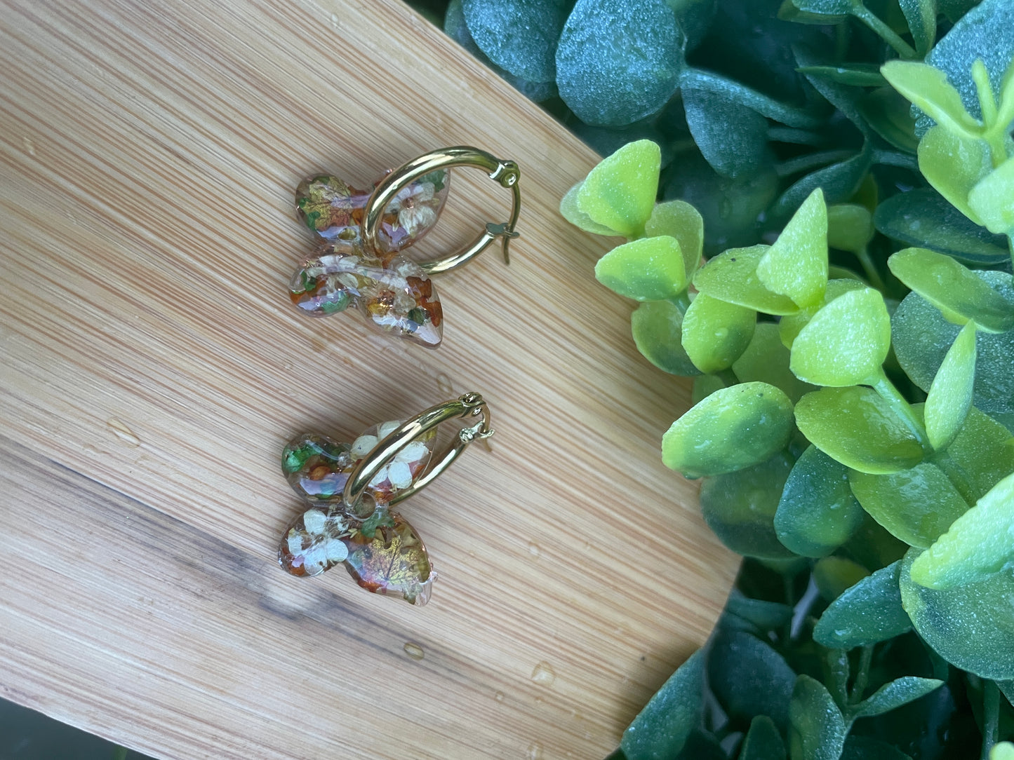 Autumn leaf butterfly hoop earrings