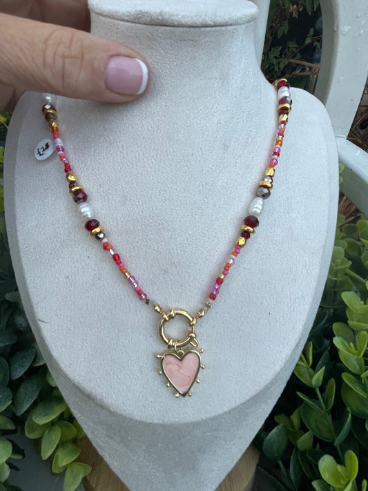 Pink and burgundy tone beaded heart necklace