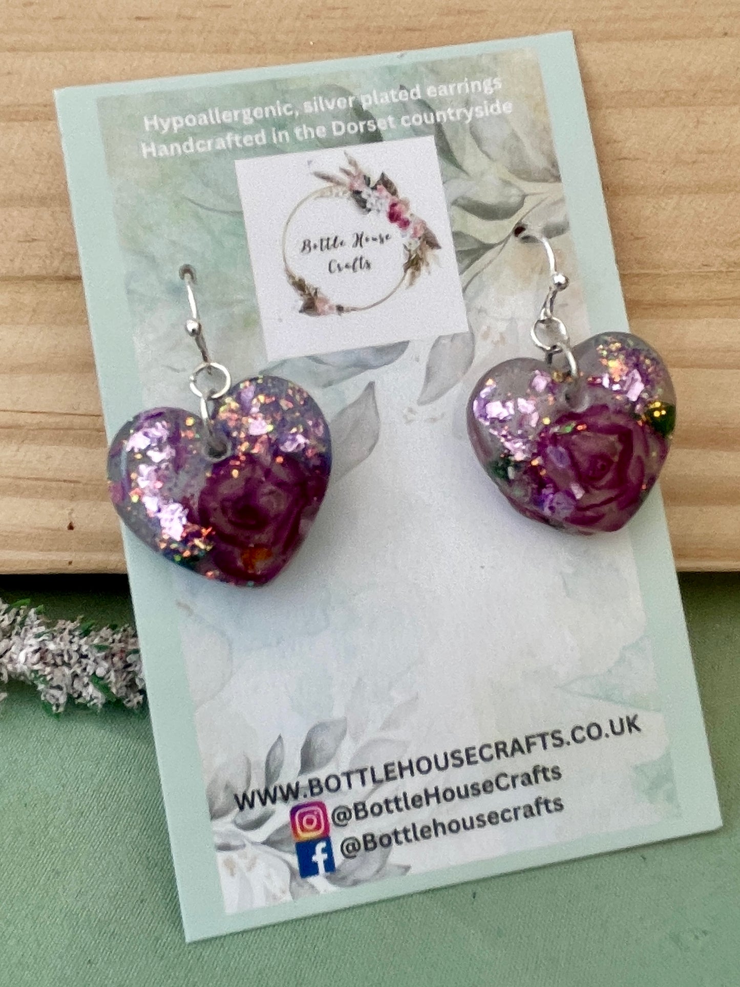 Miniature rose lilac heart earrings