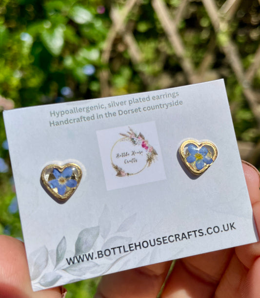Tiny gold heart forget me not studs