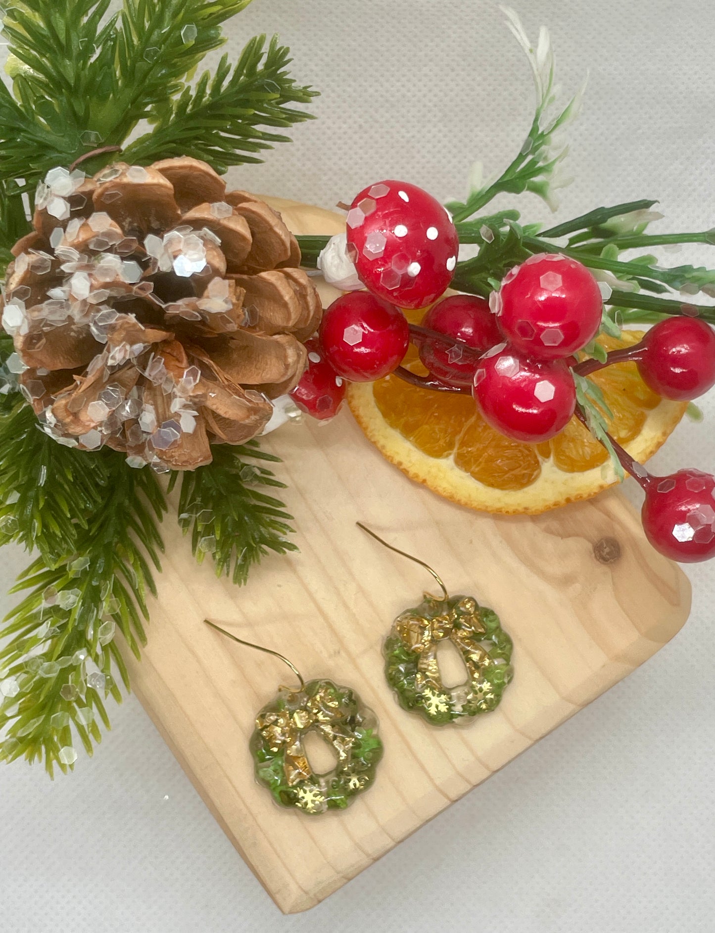 Gold and green Christmas wreath earrings