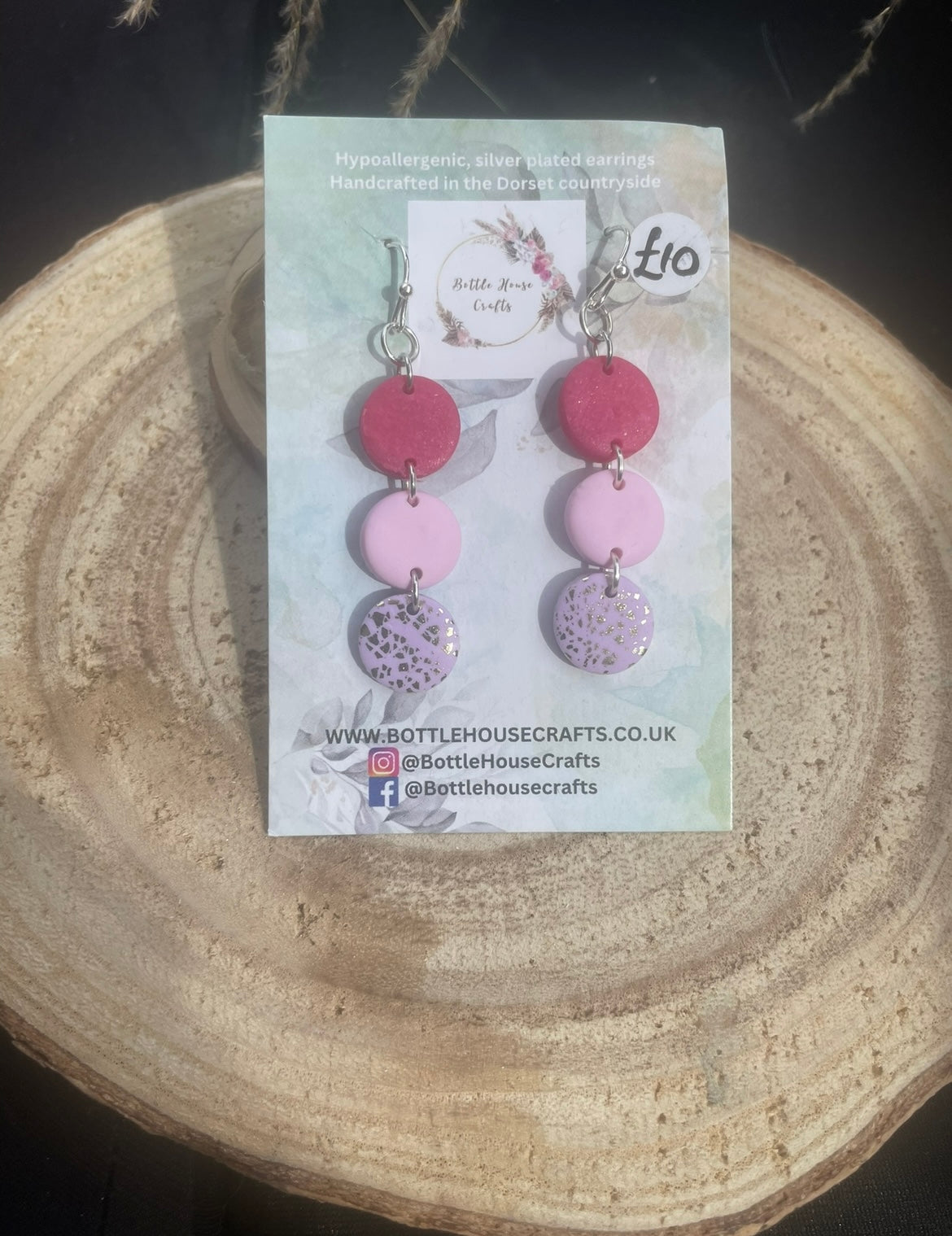 Pink and Lilac button drop earrings