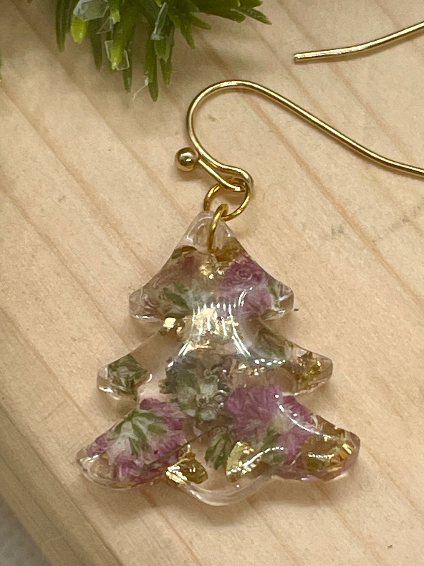 Gold and purple Christmas tree earrings