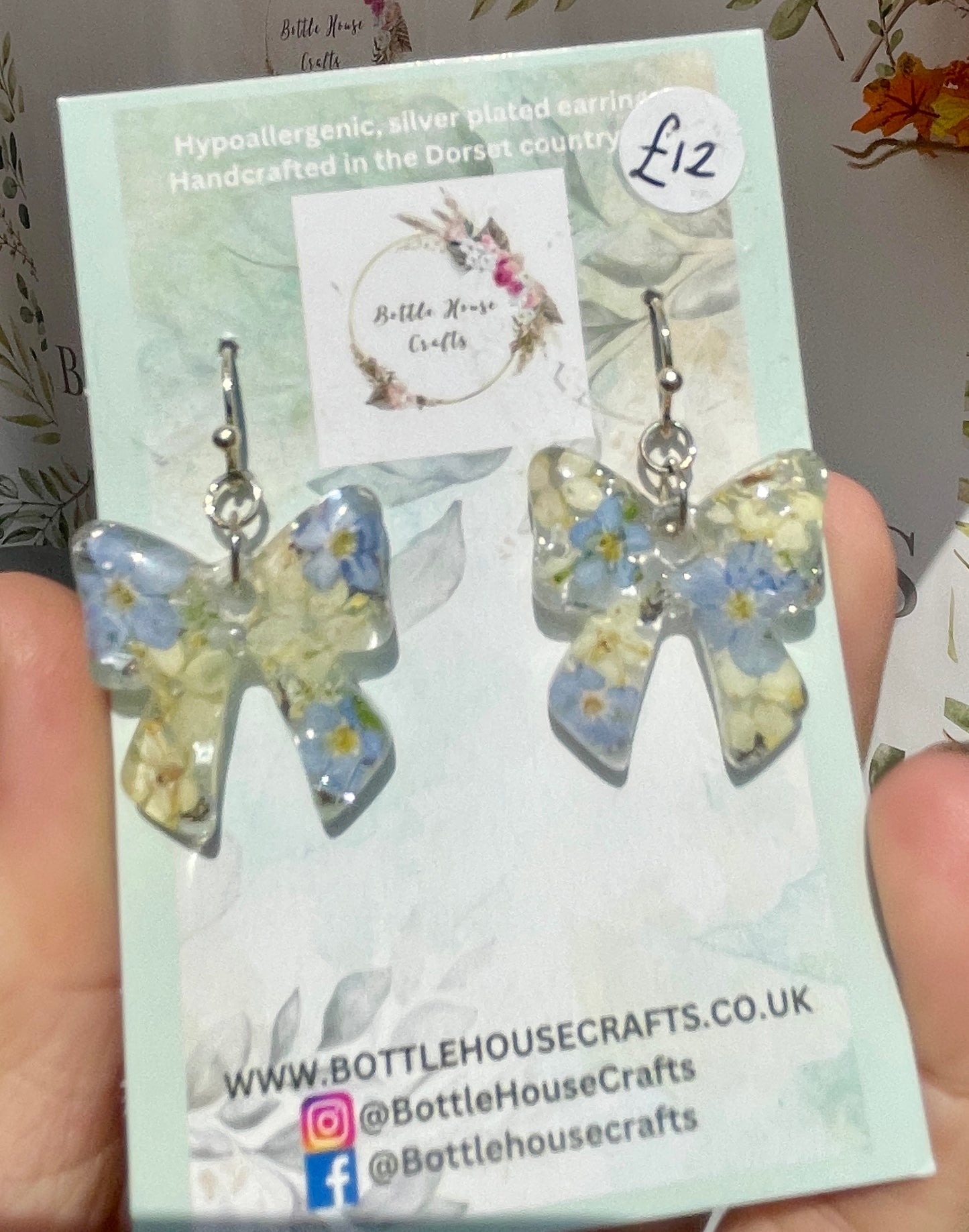 Blue and Cream bow earrings