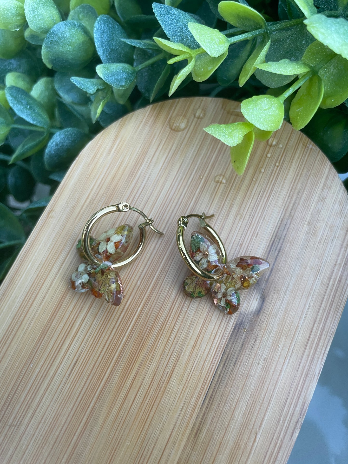Autumn leaf butterfly hoop earrings
