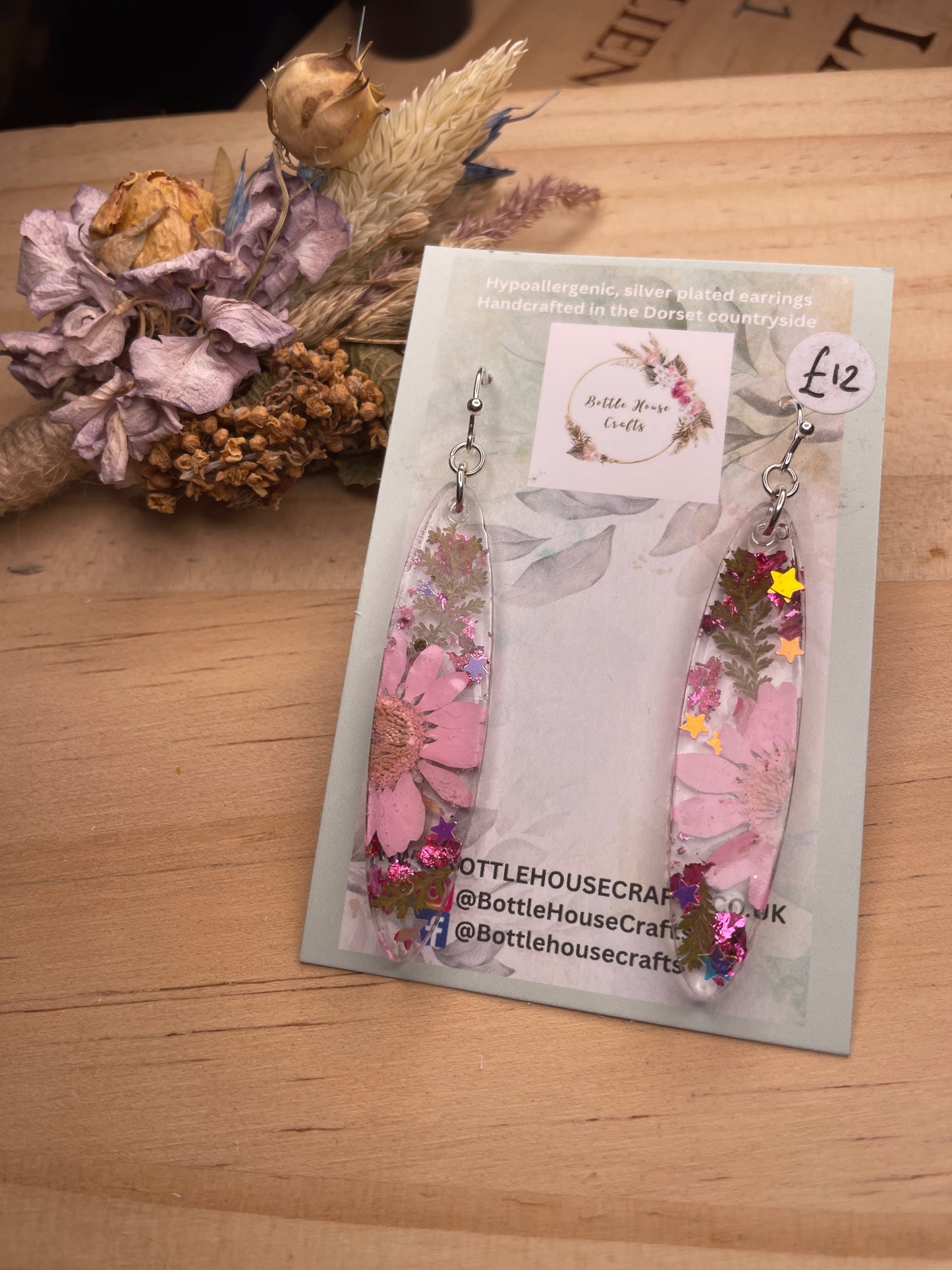 Pink flower resin earrings