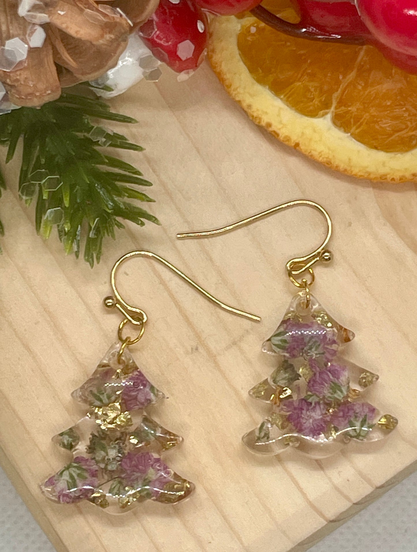 Gold and purple Christmas tree earrings
