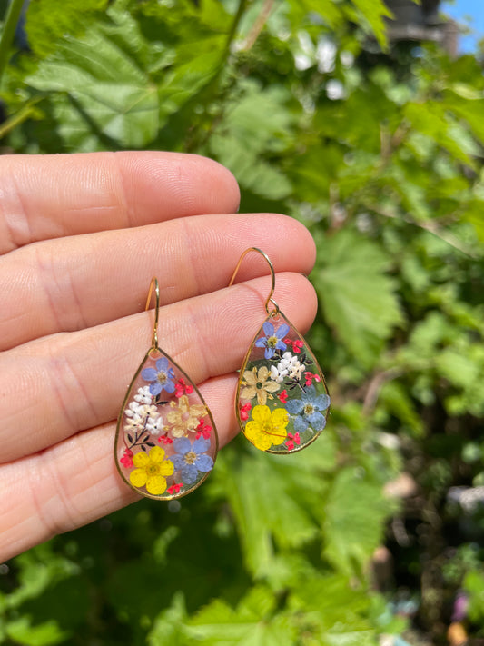 Yellow accent multi floral tear drop earrings
