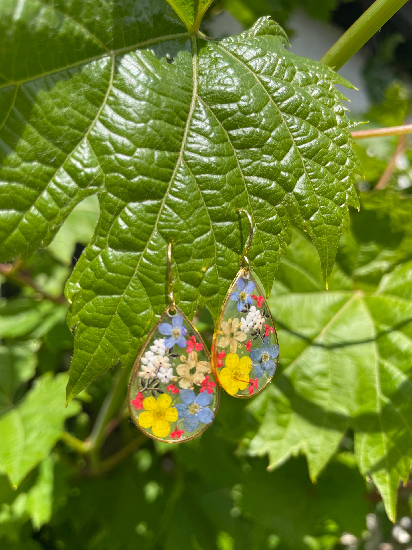 Yellow accent multi floral tear drop earrings