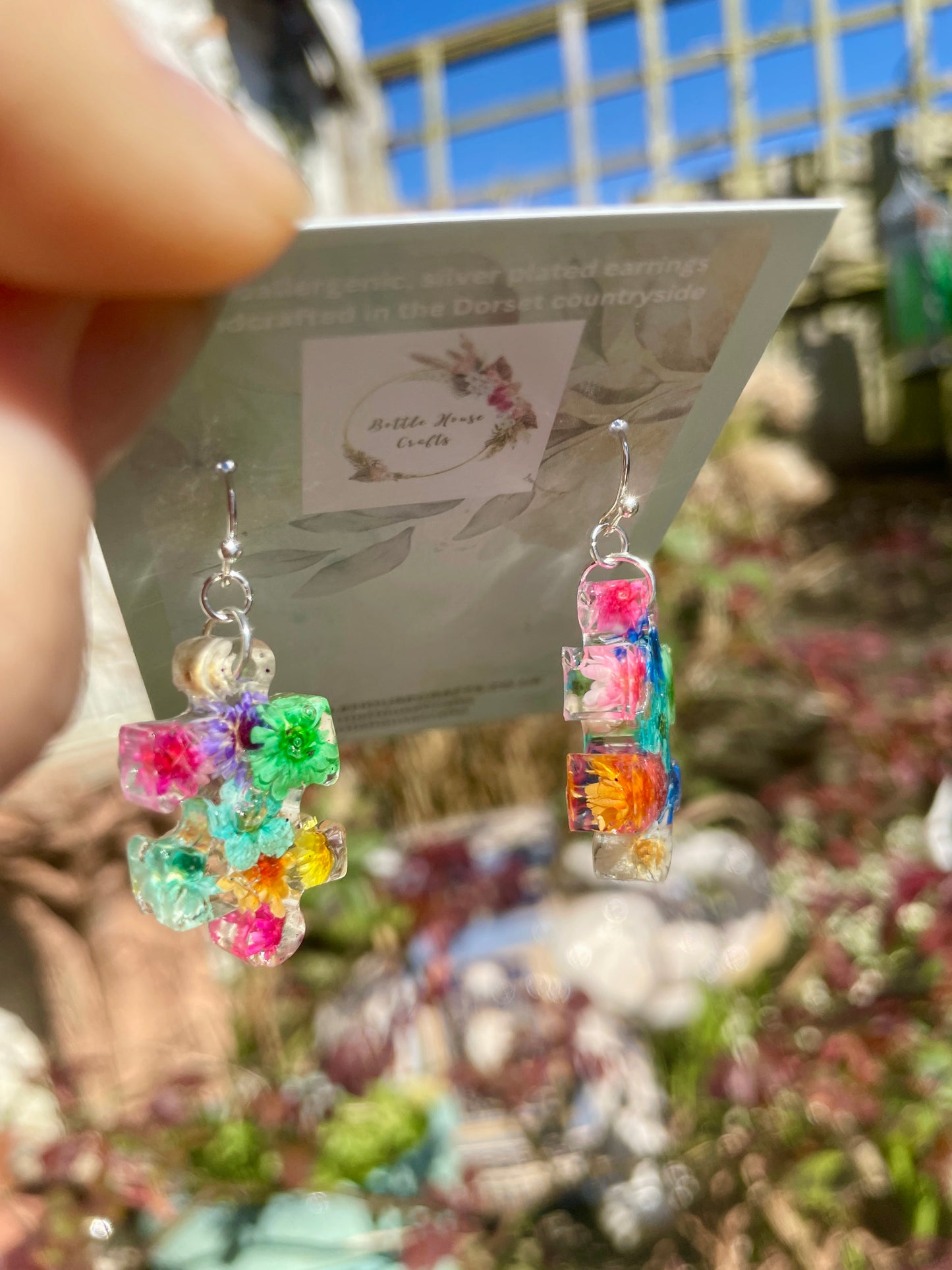 Bright floral jigsaw piece earrings