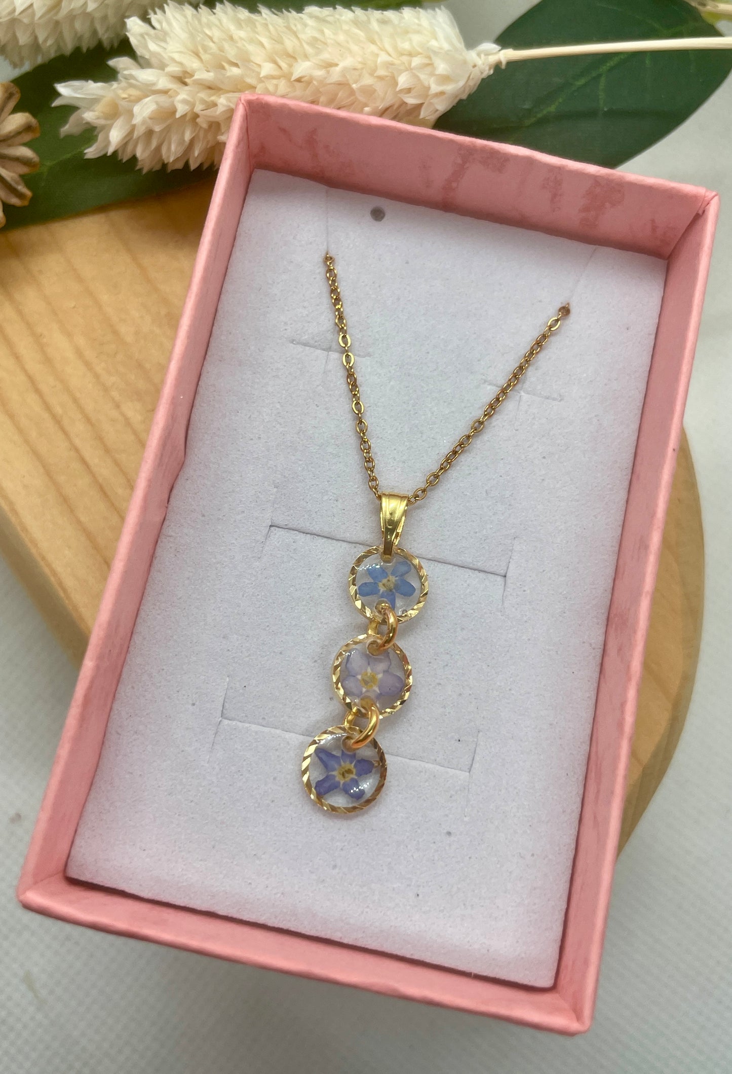 Triple gold forget me not necklace